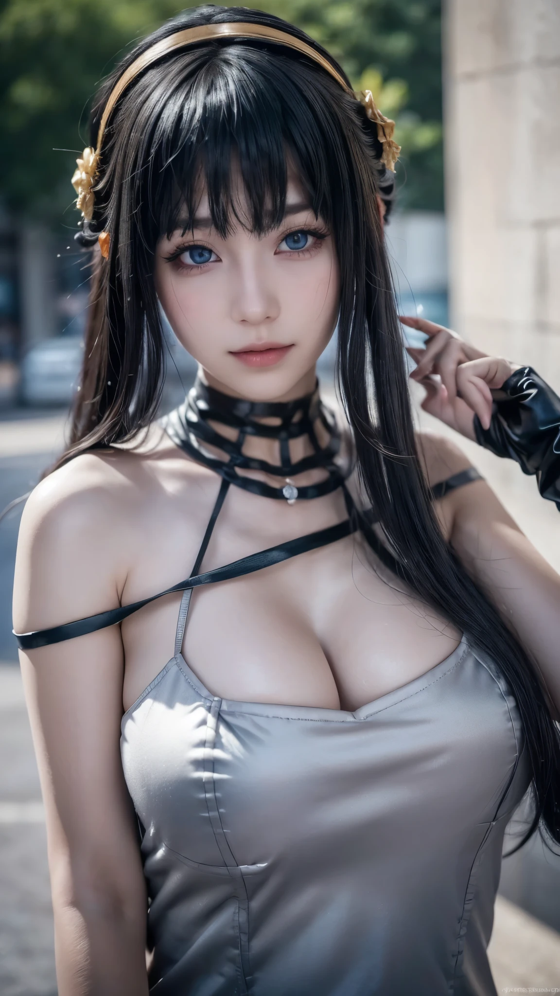 ((yoro cosplay)), ((A very cute caucasian girl cosplaying yor, standing on road side), ((blur background)), 1 girl, wide range photoshoot, wide range, (milf), long beautiful face, clear face, ((hot body)), ((yor dress)), ((spyxfamily)), ((assassin suit dress)), ((cosplay dress)), ((((Huge breasts: 1.2)))), ((no breasts)), coverd, (((Realistic))), ((well dressed)), waist curve pose, front side, (8k, RAW photo, top quality, masterpiece), (Realistic, photorealistic: 1.9), ((Full body shot)), stylish pose, ((Highly detailed skin: 1.2)), ((Realistic: 1.9)), Photos, masterpieces, top quality, (beautiful blue eyes, gorgeous pale grey black curly hair, white skin, thick body, lower abdomen bristles, perfect slim figure), various poses, ultra-detailed face, detailed eyes, a lot of people are looking at her with excitement, (((close-up))), sun light, cinematic, ((photoshoot)), photography