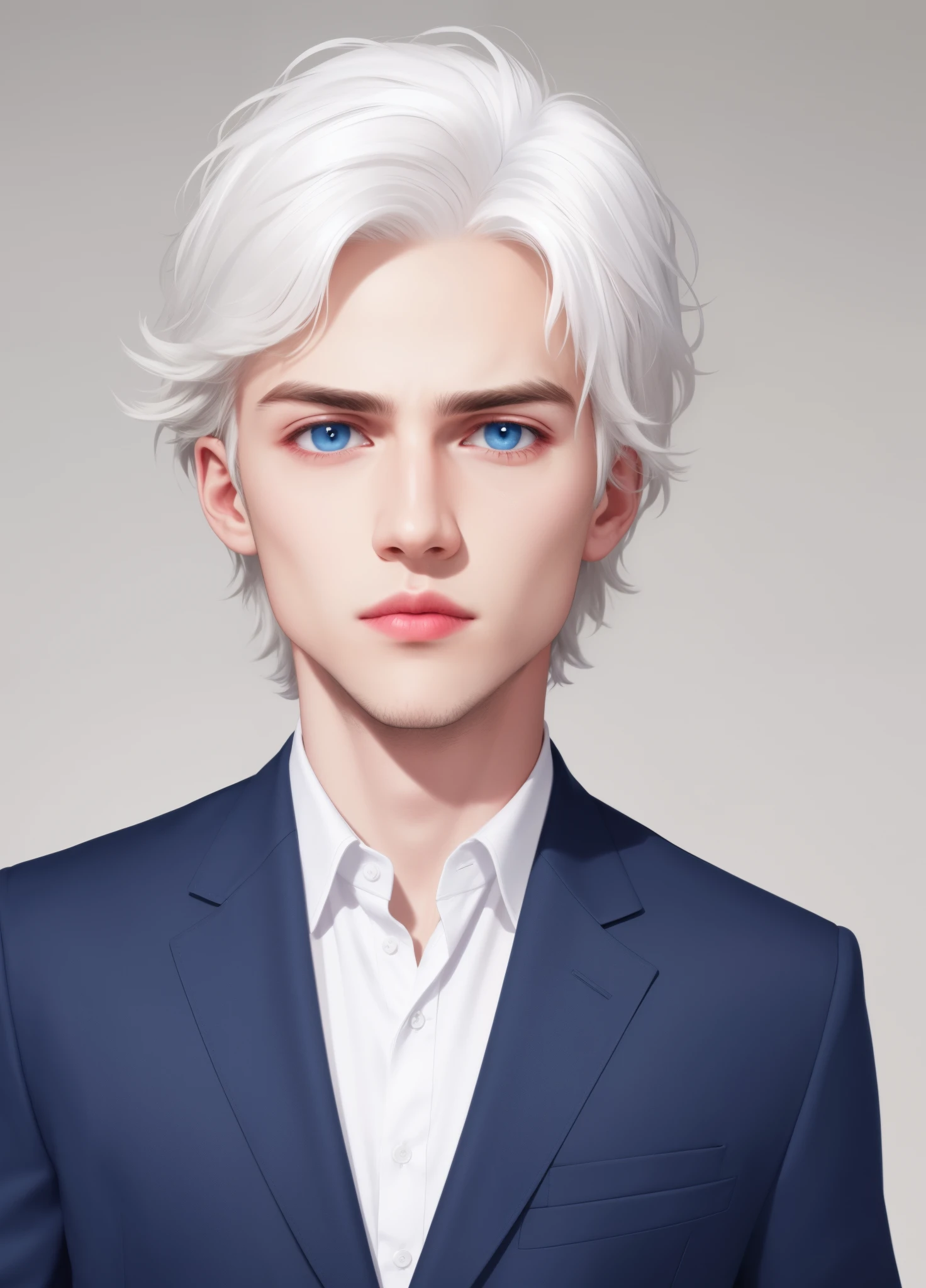 Boy, white hair, blue eyes, serious sharp features, white skin, pink lips, shirt, jacket