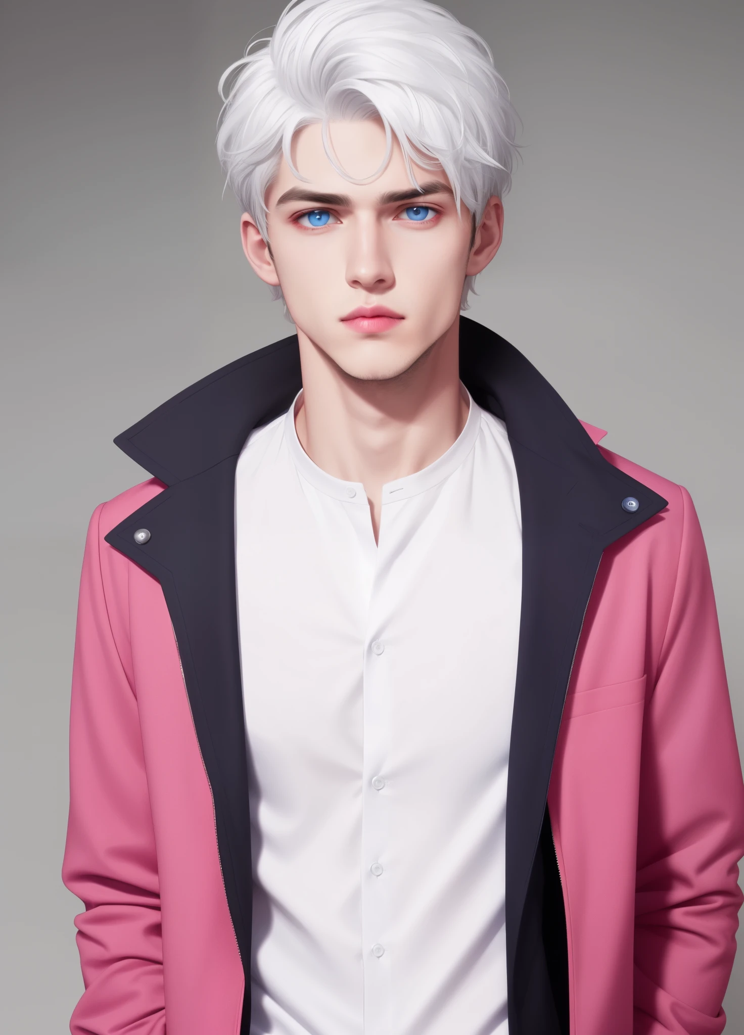 Boy, white hair, blue eyes, serious sharp features, white skin, pink lips, shirt, jacket