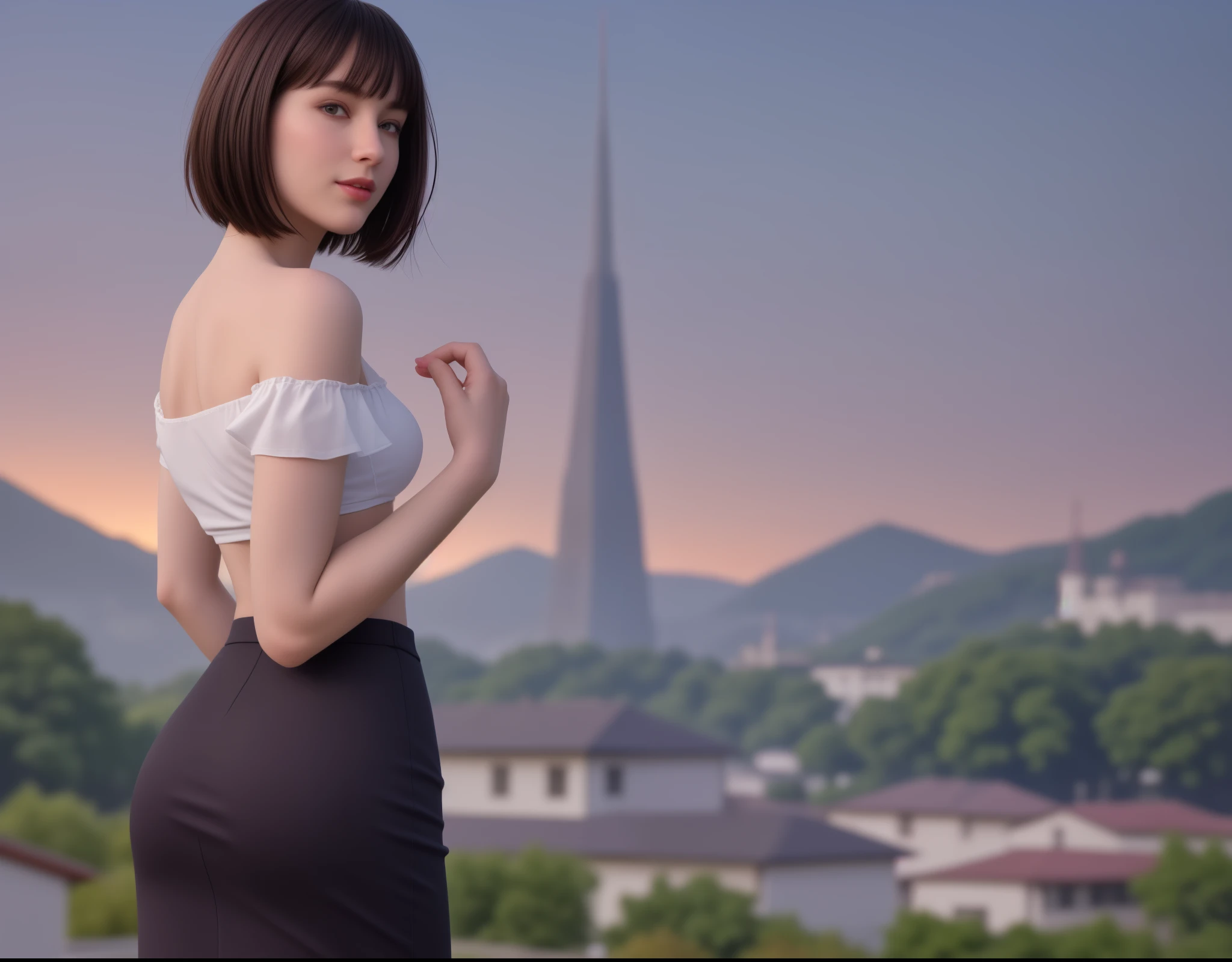 21-year-old, Russian race, European race, (Masterpiece, best quality, photorealistic, high res, photography: 1.3), close-up shot, sharp focus, black hair, hair bun, short hair, hot model, slim, Height 160cm, huge breasts, cute blush, smooth, mild smile, realistic skin, (perfect body, cleavage), sexy hot face, erotic, sexual gaze, slim, sweat top,stylish, skirt, extremely detailed hair, shiny lips, outdoor, ((vivid light, dynamic lighting, realistic, super realistic, realism, realistic detail, background mountains, buildings, evening, sunset
