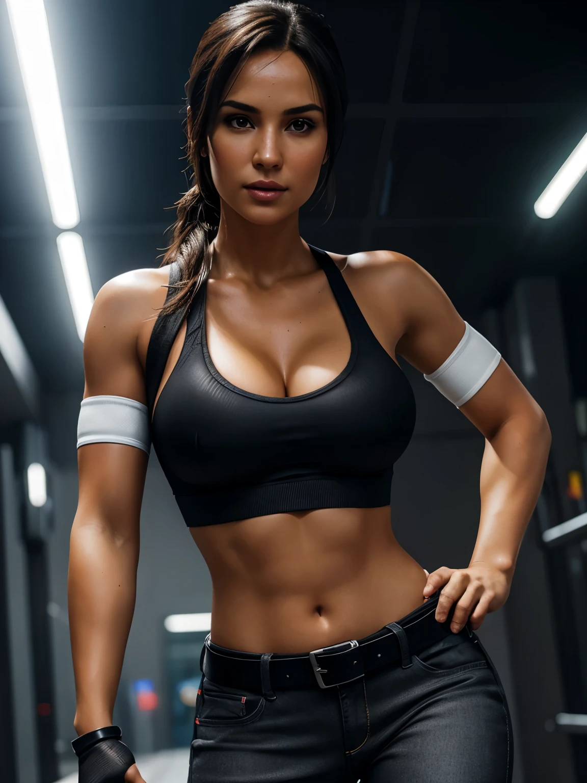 portrait, Lara Croft, beautiful face, (brief smile:0.9), thick black hair, belt, (wearing:1.6 sports bra black jeans, sports shoes), round deep navel, detached sleeves, grey eyes, open jacket, cute, look at viewer, midnight city, neon, rainy, HDR, hyper realistic, intricate detailing of face, yotta-pixel image, yocto-pixel detailing