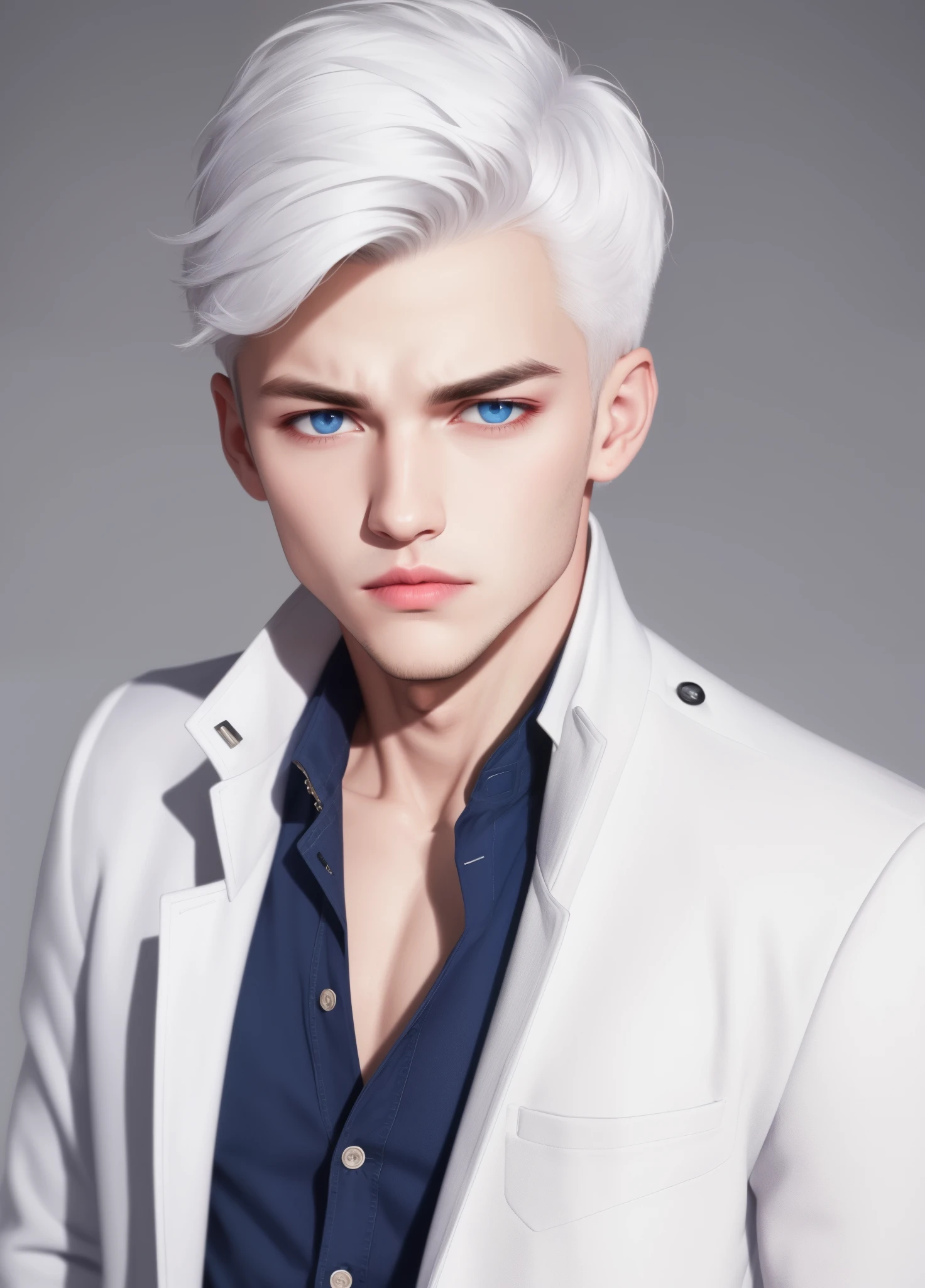 Boy, white hair, blue eyes, serious sharp features, white skin, pink lips, shirt, jacket