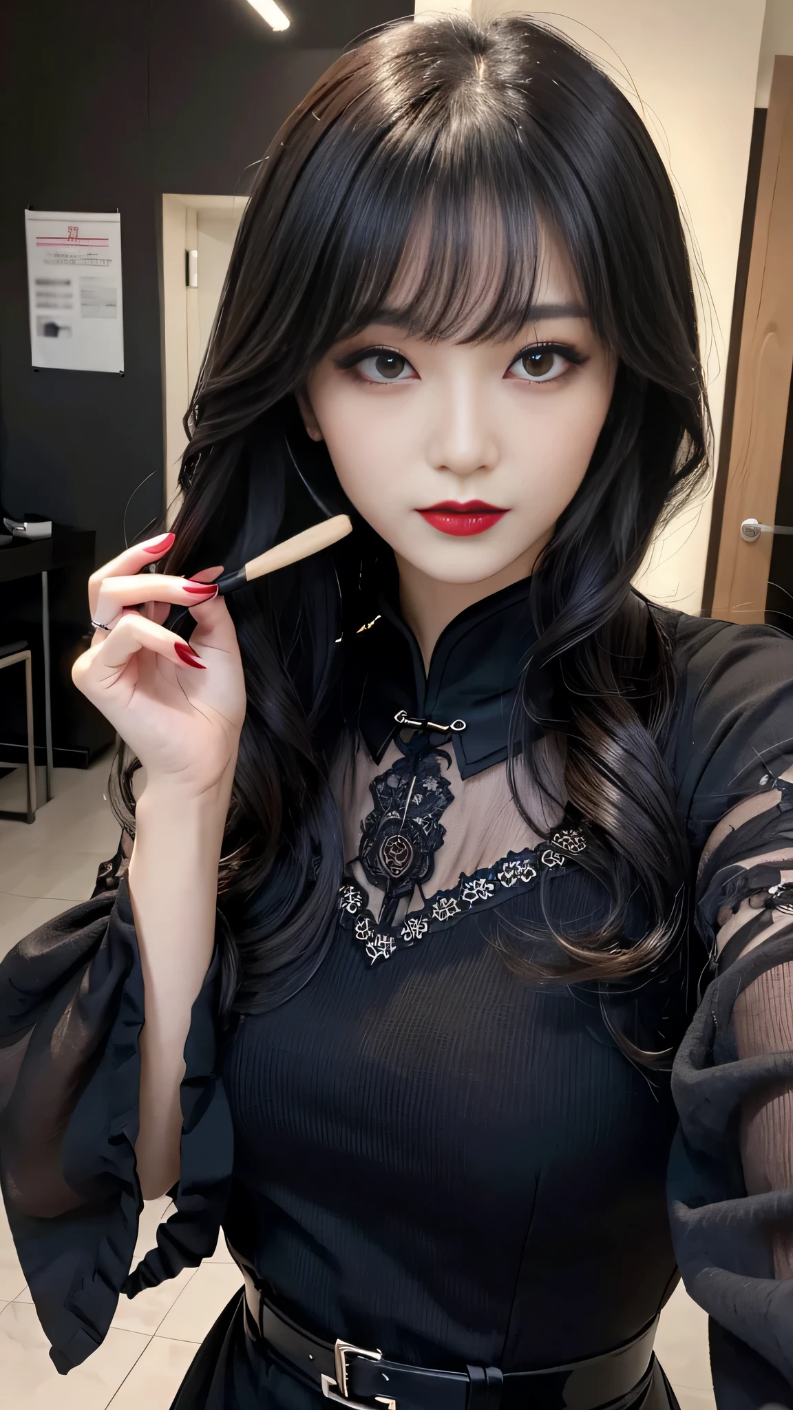 Super detailed、Japanese、charming beauty、seductive adult woman、Beautiful woman、sharp eyes、cool girl、wavy hair、flowing bangs、long black cheongsam、wide sleeve、evilの幹部、evil depravity、brainwashing、Mind control、apply lipstick、grin、evilな表情、evil、empty eyes、evil、dark room、vampire、vampire、Hypnosia makeup brush