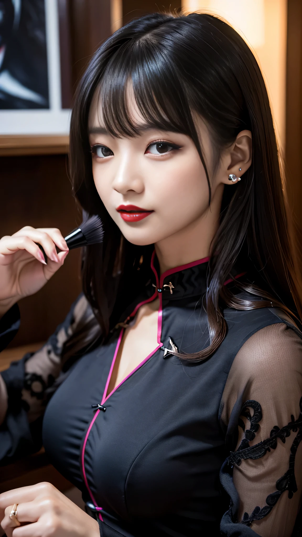 Super detailed、Japanese、charming beauty、seductive adult woman、Beautiful woman、sharp eyes、cool girl、wavy hair、flowing bangs、long black cheongsam、wide sleeve、evilの幹部、evil depravity、brainwashing、Mind control、apply lipstick、grin、evilな表情、evil、empty eyes、evil、dark room、vampire、vampire、Hypnosia makeup brush