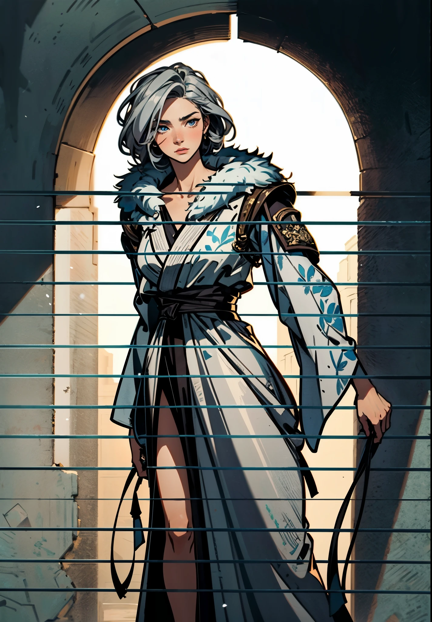 A woman with short silver-gray hair, thick bangs covering the right half of her face, delicate features, a serene expression, a simple floor-length gray-blue robe, with a thick white fur coat worn over it, long sleeves patterned like animal skeletons, standing amidst the falling snow of the mountains, this character embodies a finely crafted fantasy martial arts-style female cultivator in anime style, exquisite and mature manga art style, high definition, best quality, highres, ultra-detailed, ultra-fine painting, extremely delicate, professional, anatomically correct, symmetrical face, extremely detailed eyes and face, high quality eyes, creativity, RAW photo, UHD, 32k, Natural light, cinematic lighting, masterpiece-anatomy-perfect, masterpiece:1.5