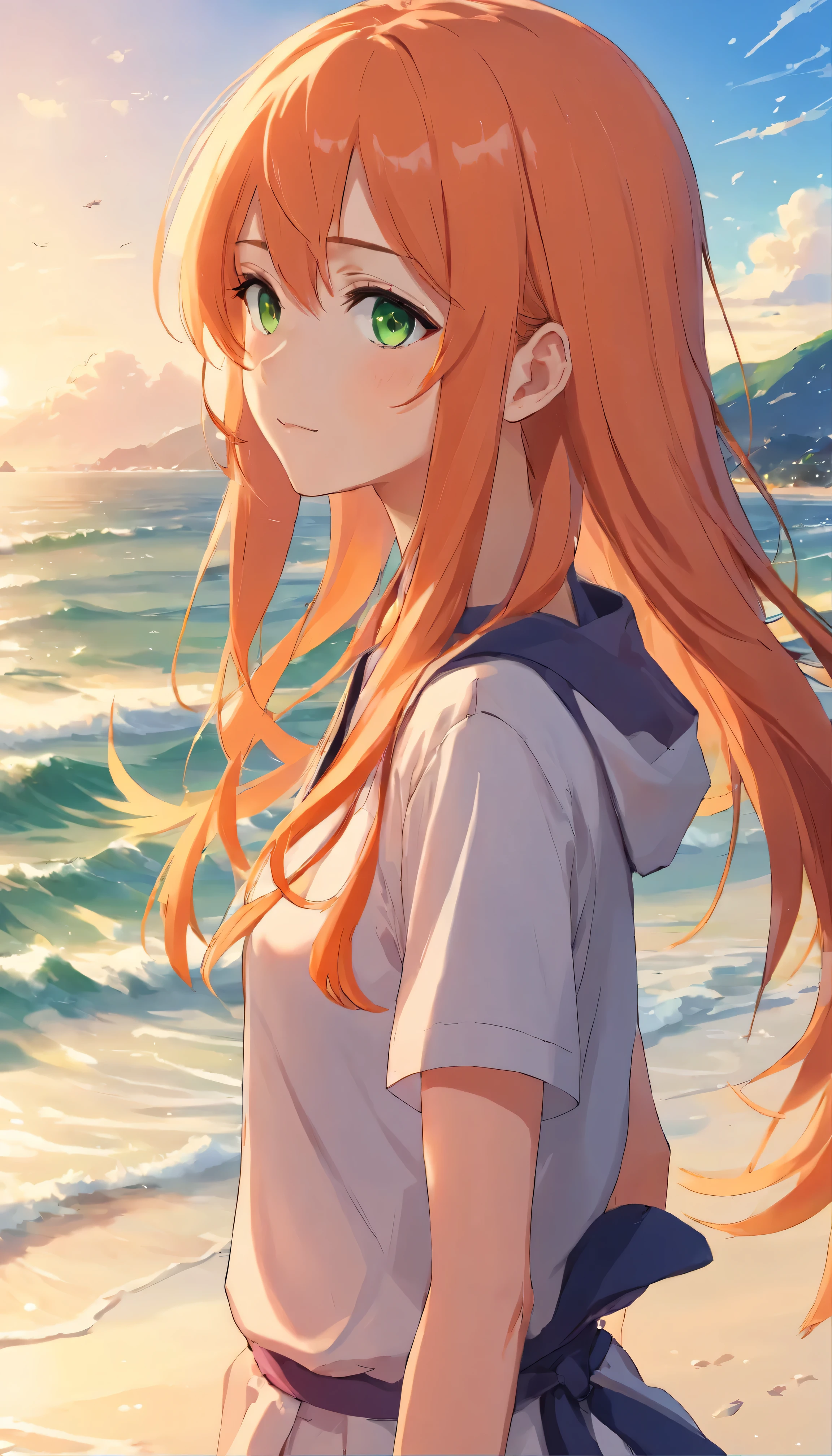 Anime girl with long orange hair, standing on the beach near the ocean, green eyes detailed digital anime art, anime girl with long hair, гладкое аниме cg art, anime girl with long hair, digital anime art, work in Guweiz style, Beautiful anime portrait, Photorealistic render of an anime girl, Beautiful anime girl, advanced digital anime art, guweiz на artstation pixiv HD UHD HQ