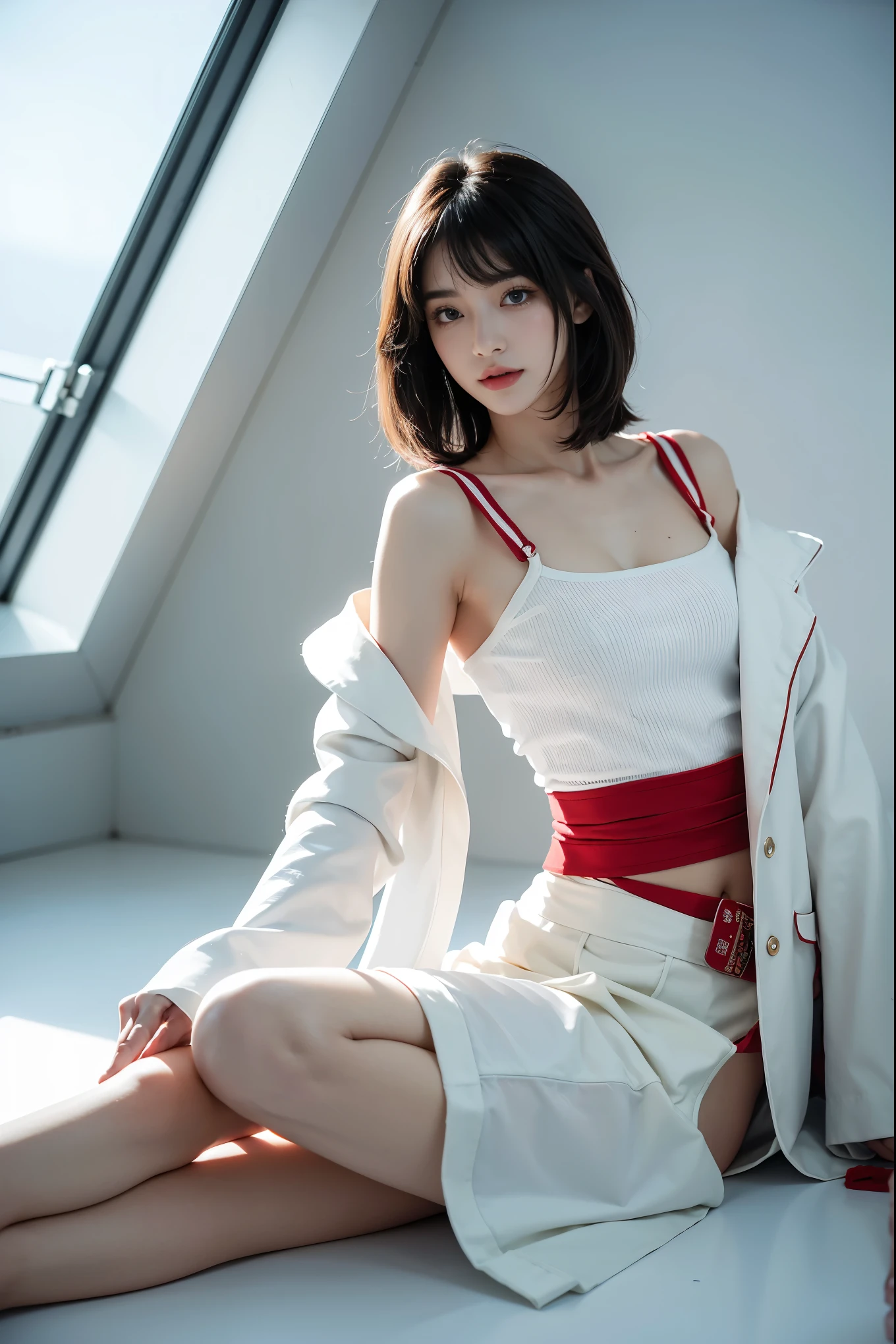 tmasterpiece,Best quality at best,A high resolution,8K,(portrait),(Close up of avatar),(RAW photogr),real photograph,digital photography,Full body lesbian,20 year old girl,short detailed hair,with long bangs,(white color hair),Red eyes,Elegant and majestic,Dressed in a white coat,Underwear without suspenders,red clothing texture,Shoulders exposed,exposing your navel,Keep your mouth shut,Serious and charming,The scholar,Photo pose,Sci-fi style laboratory,White room,oc render reflection texture,mechanical sense