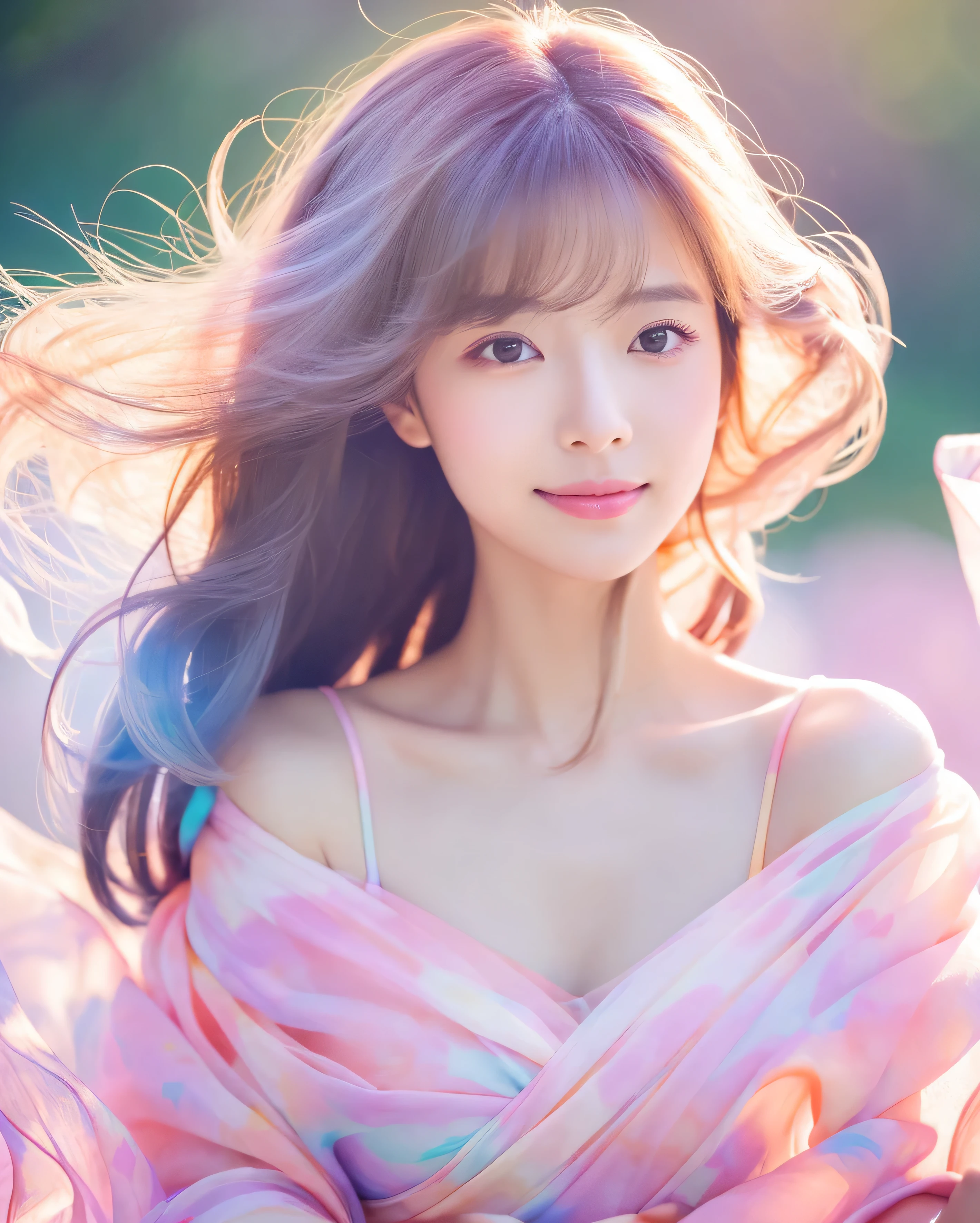 beautiful japanese woman, ((Made of translucent pastel colored fabric)), Unforgettable fantasy portrait in abstract style, ((In a swirl of fantastic pastel colors and soft light)), Evoking a sense of tranquil serenity and elusive beauty, big magic eyes, gentle smile, smooth soft skin, Attractive pink lips, natural makeup, A fleeting expression, perfect collarbone, High resolutionの完璧な胸元, soft and plump breasts, High resolutionの美しい太もも,(highest quality, 32K, High resolution, masterpiece:1.2), 驚くべきディテールを備えた受賞歴のあるmasterpiece, Mysterious, Color and shape, expression of emotions, rich in imagination