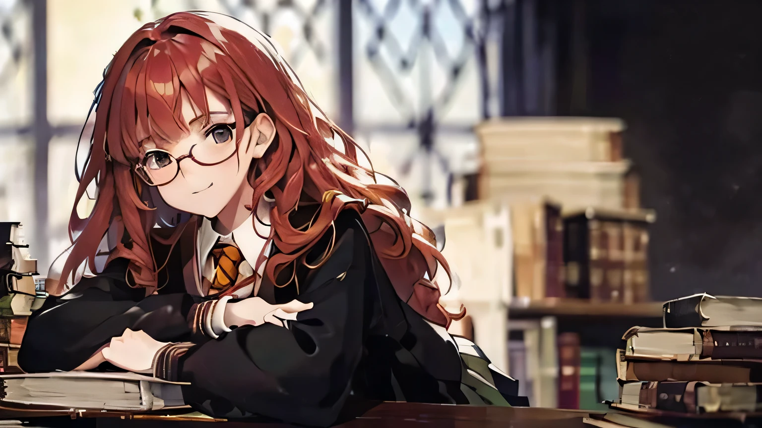 chef-d&#39;artwork, superior quality, high resolution, Hermione, cheveux roux, uniforme scolaire, chemisier violet, jupe verte, assis à un bureau, pile de livres, lunettes sur la table, hentai: chef-d&#39;artwork, explicite, high resolution, Hermione, cheveux roux, pose provocante, revealing outfit, jupe courte, seductive expression, longues jambes écartées, TALONS HAUTS, suggérer du contenu pour adultes.