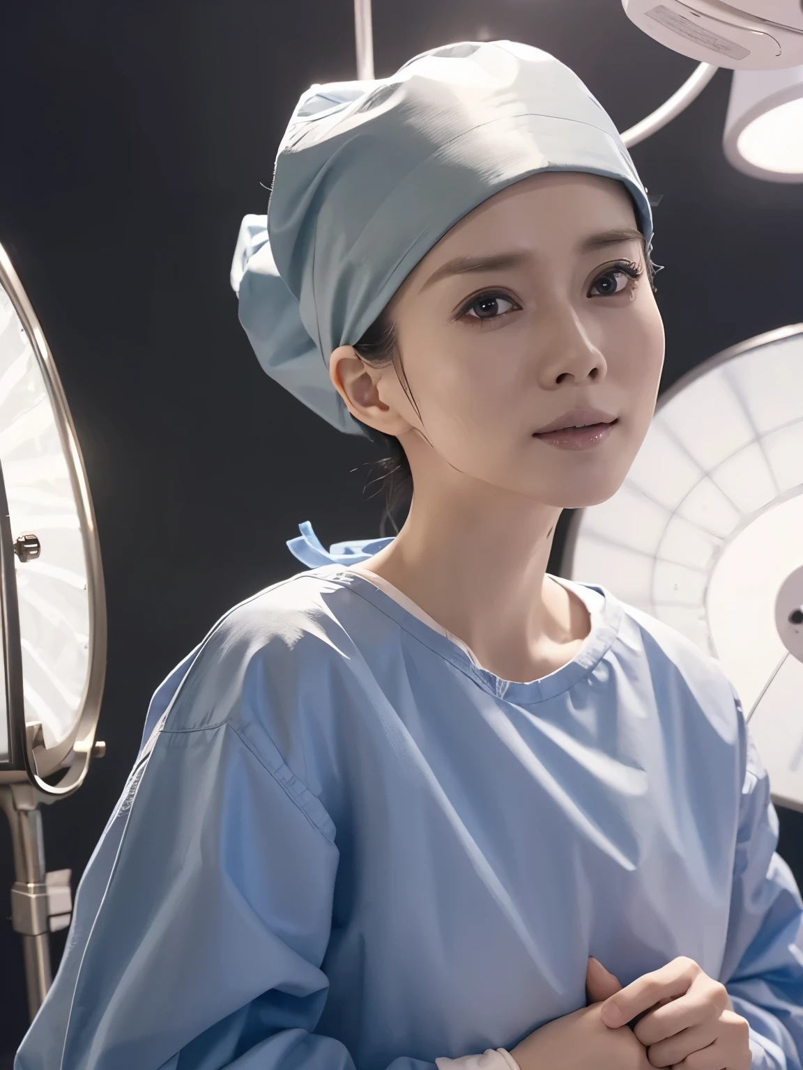 (highest quality,High resolution:1.2),Super detailed,(realistic:1.37) 1 girl,wearing long-sleeved surgical gowns,wearing a surgical mask,wearing surgical gloves,wearing a surgical hat,In the operating room,under the overhead lamp