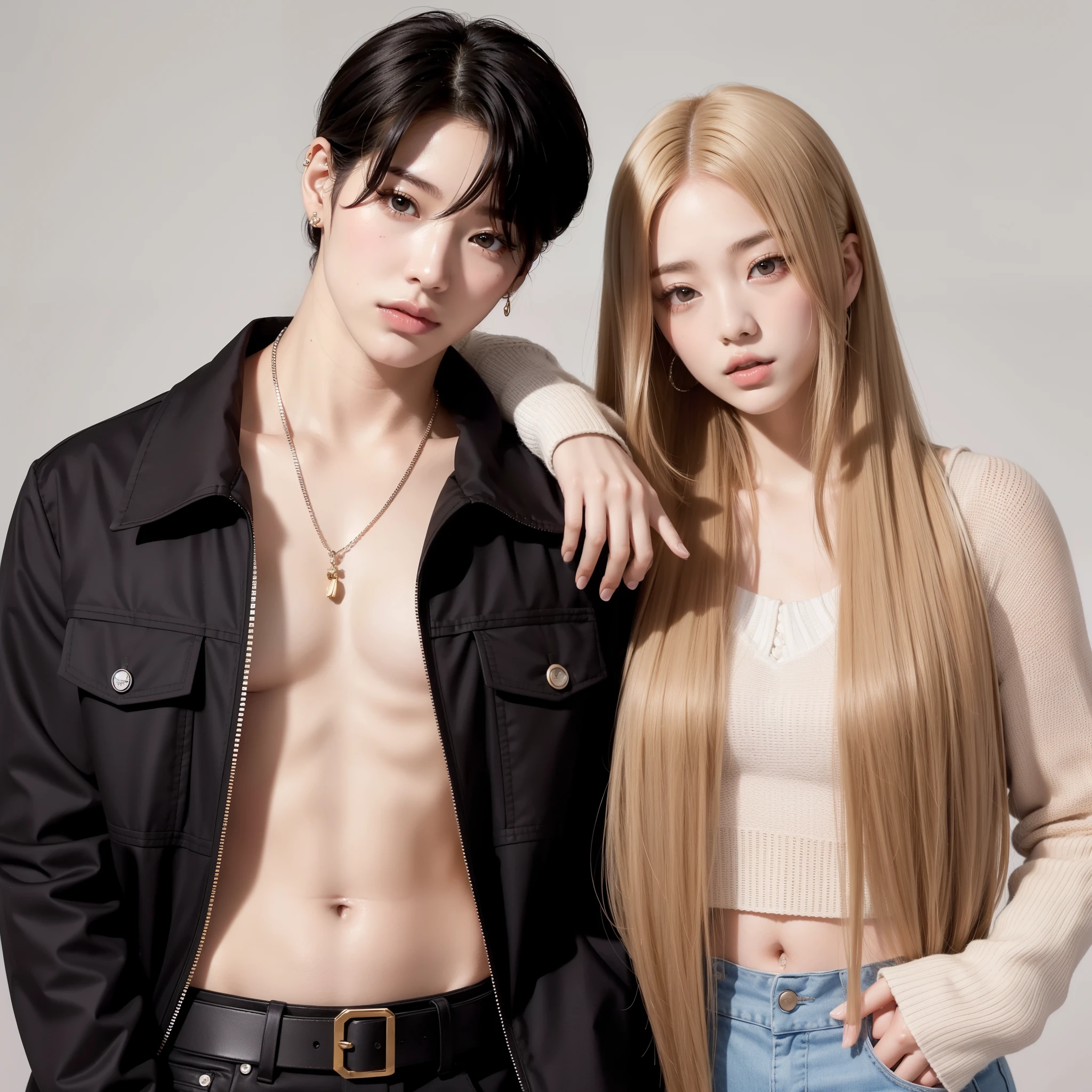 araffe y una mujer de pie uno al lado del otro con el pelo largo, kda y sam que, imagen filtrada, inspired por jeonseok lee, pose de pareja, jinyoung shin, kim doyoung, retrato de jossi de blackpink, nixeu y sakimichan, por jeonseok lee, sakimichan y frank franzzeta