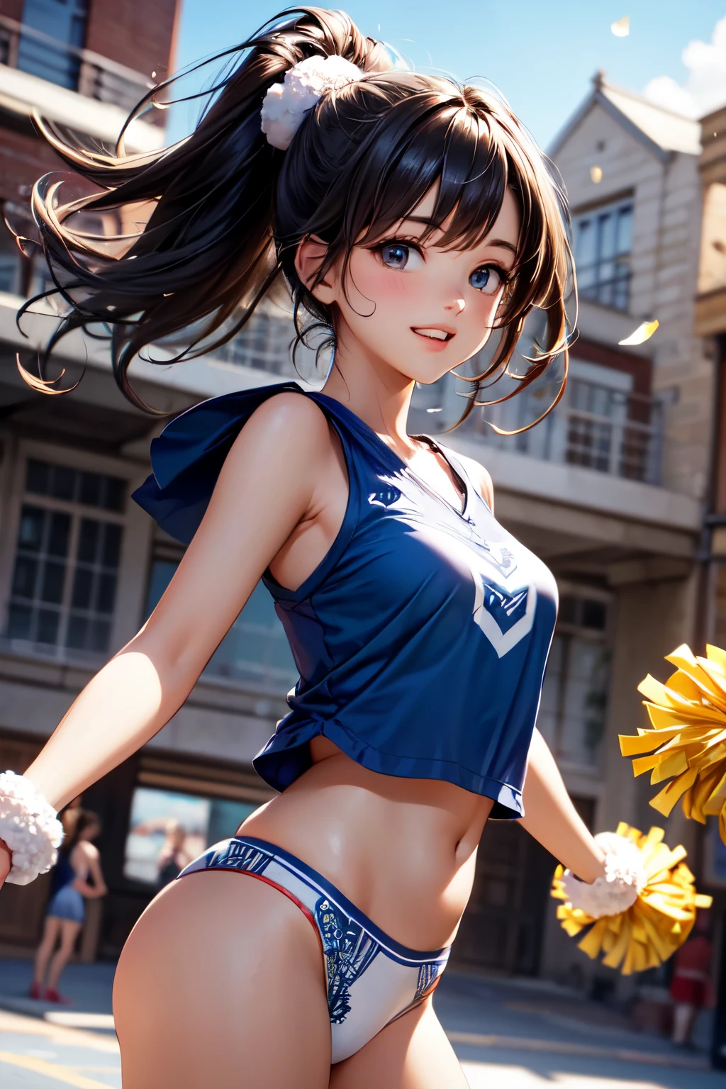 very cute and beautiful cheerleader girl,(highly detailed beautiful face),(holding pom poms:1.12),(laugh), (school courtyard),cowboy shot,dynamic pose,(white panties),(sleeveless),beautiful legs,looking at viewer,black hair, (best quality,masterpiece:1.2),absurdres,highres,ultra-detailed,extremely detailed,32k,8k resolution, intricate details,cinematic scene,detailed background,solo,dynamic angle, hair fluttering in the wind,beautiful detailed sky,