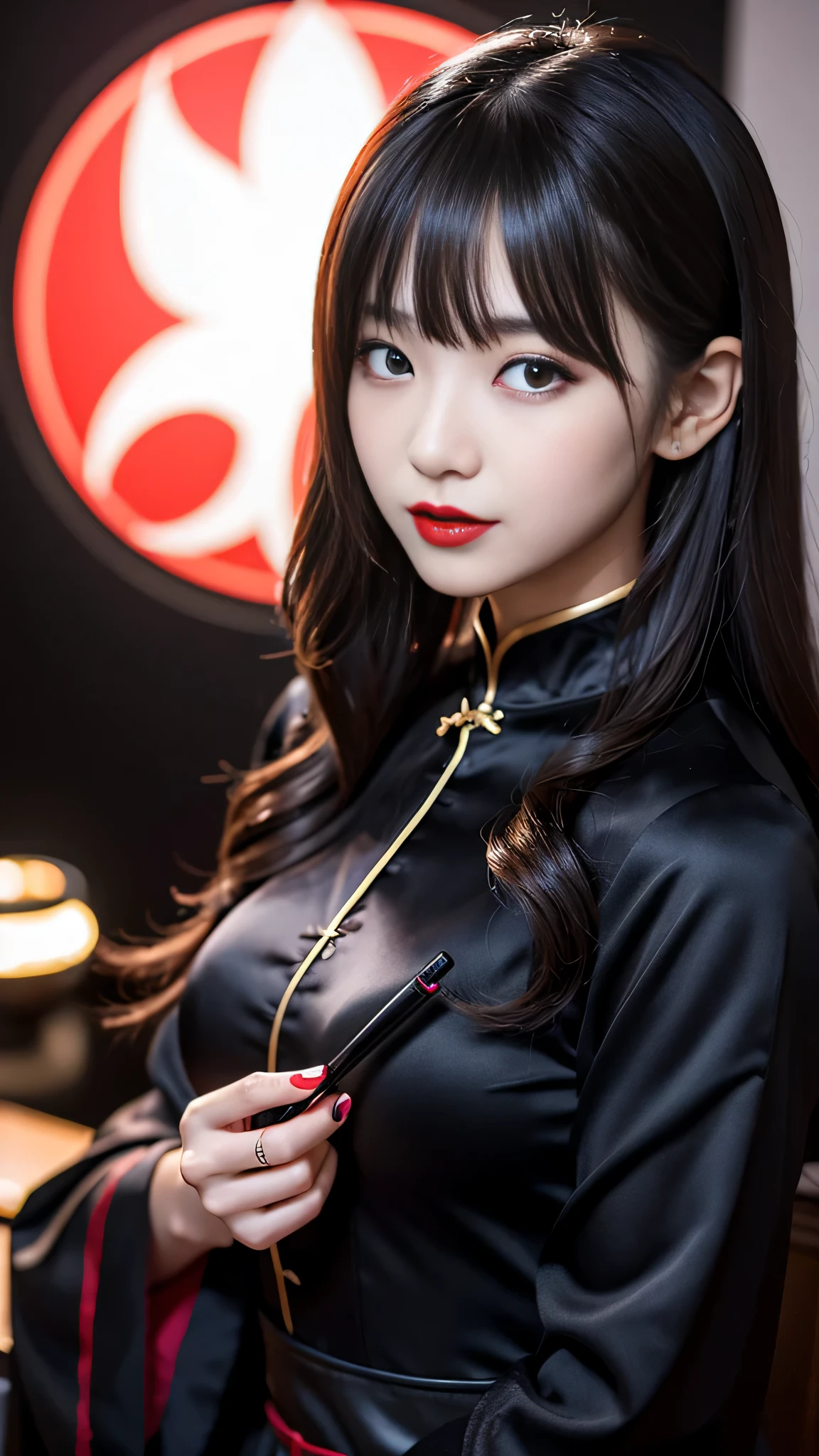 Super detailed、Japanese、charming beauty、seductive adult woman、Beautiful woman、sharp eyes、cool girl、wavy hair、flowing bangs、long black cheongsam、wide sleeve、evilの幹部、evil depravity、brainwashing、Mind control、apply lipstick、grin、evilな表情、evil、empty eyes、evil、dark room、vampire、vampire、Hypnosia makeup brush