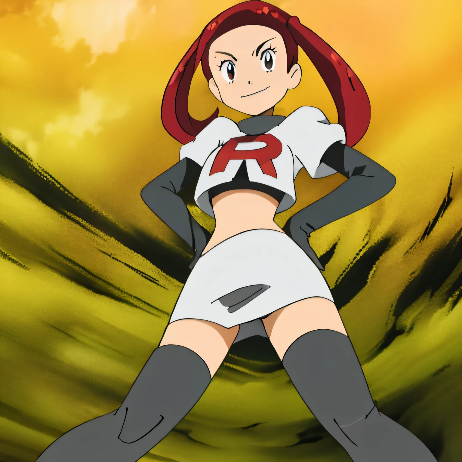 team rocket uniform, red letter r, white skirt,white crop top,black thigh-high boots, black elbow gloves, evil smile, looking down at viewer, hands on hips, spread legs, from below, black panties