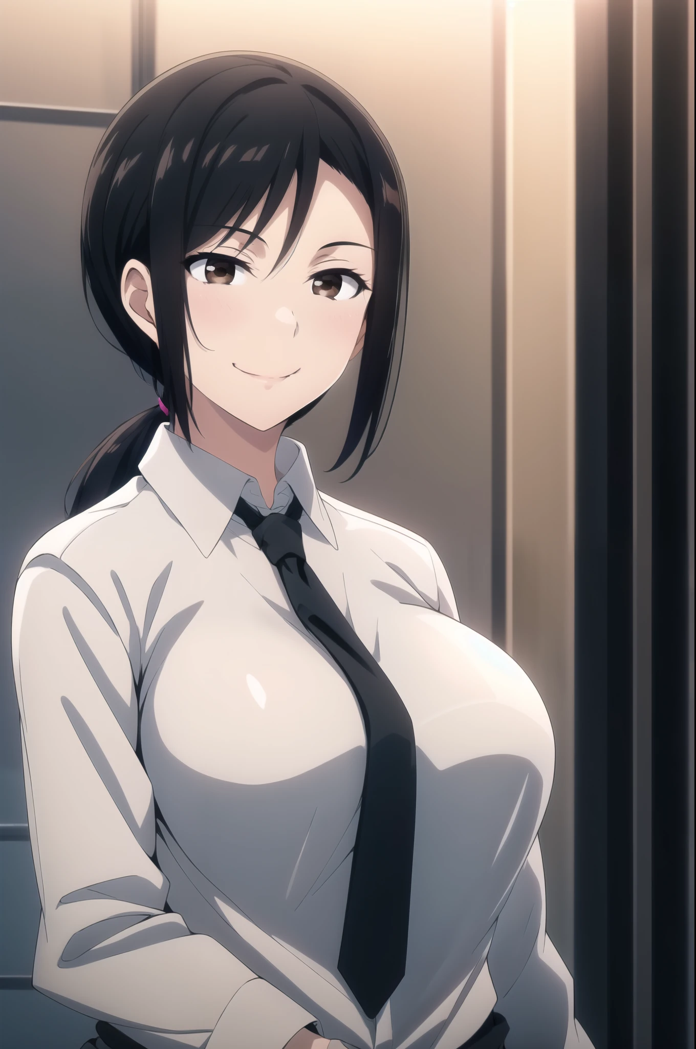 1girl, standing, black hair, OFFICE LADY, low ponytail, bangs, white shirt, necktie, stare, smile, brown eyes, black necktie, closed mouth, wide hips, cowboy shot, large breasts, outdoors, black pantaster piece: 1.0), (best_quality: 1.0), ultra high resolution, 4K, ultra detailed, photography, 8K, HDR, 

