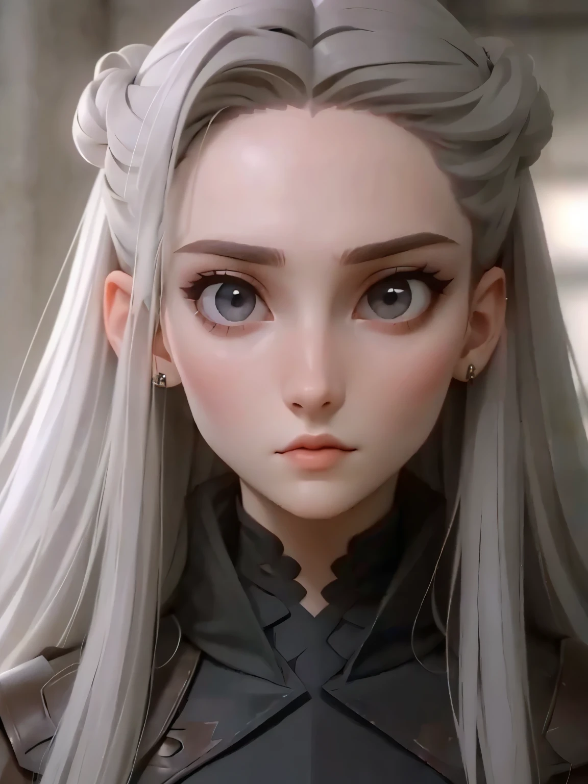 Girl, long soft brown hair, gray eyes, sharp features, white skin,