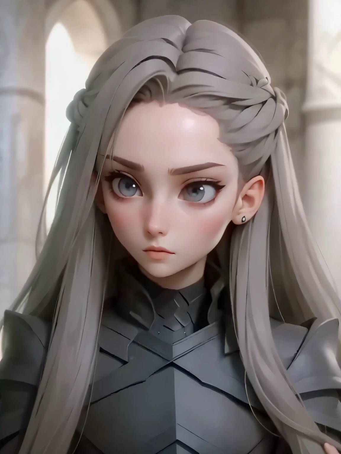Girl, long soft brown hair, gray eyes, sharp features, white skin,