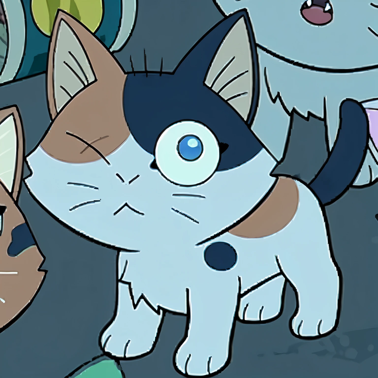 cartoon cat with blue eyes and a black nose standing next to a cat, anime visual of a cute cat, anime cat, sora as a cat, microscopic cat, kawaii cat, brittney lee, anthropomorphic female cat, cat from the void, gumball watterson, calico cat, cat seahorse fursona, intricat, calico