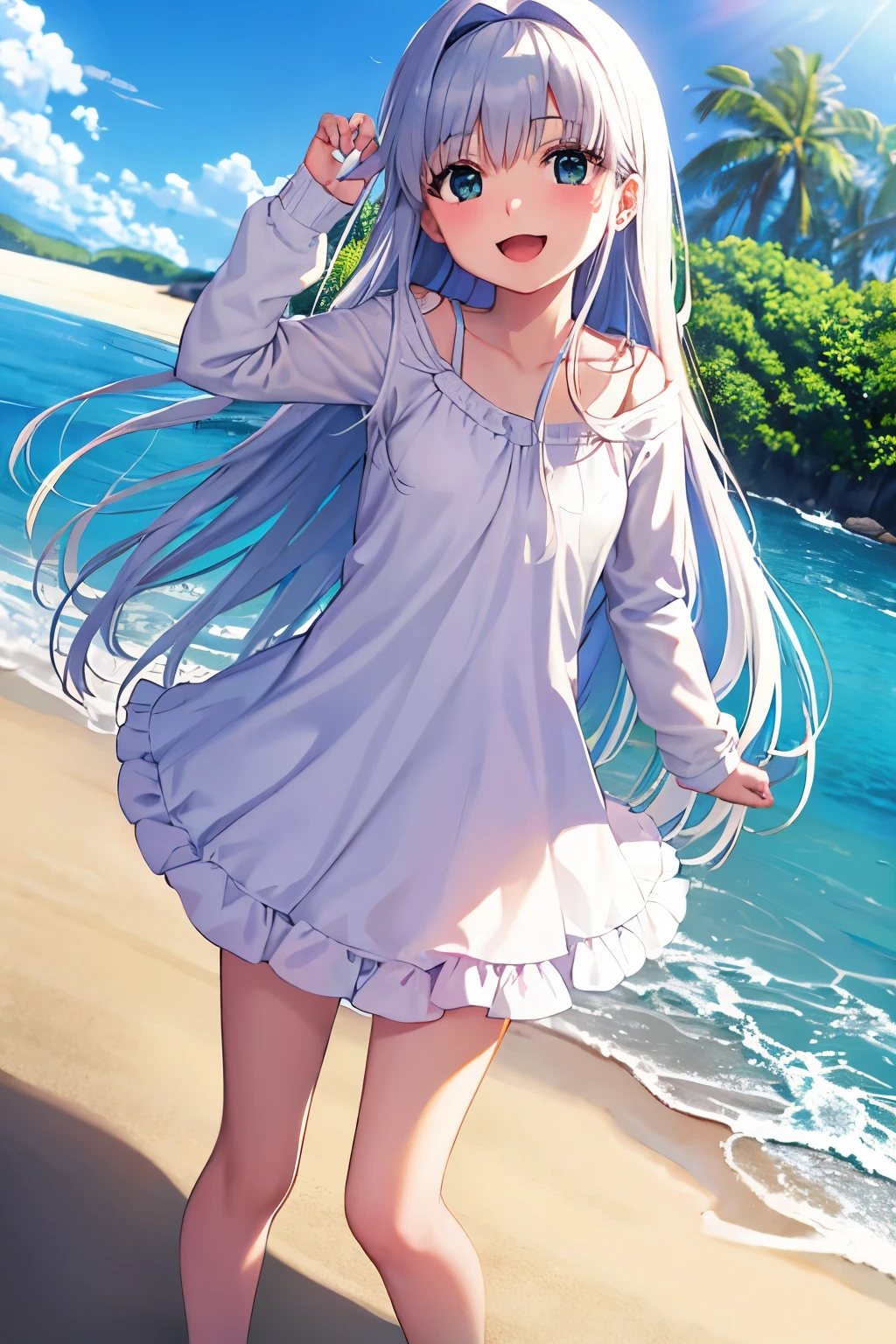 Cabello largo plateado, ojos verdes, headband, hoodie, skirt, flat breast, sonrisa, happy, muslos hermosos, beach, sky blue, deshabitado