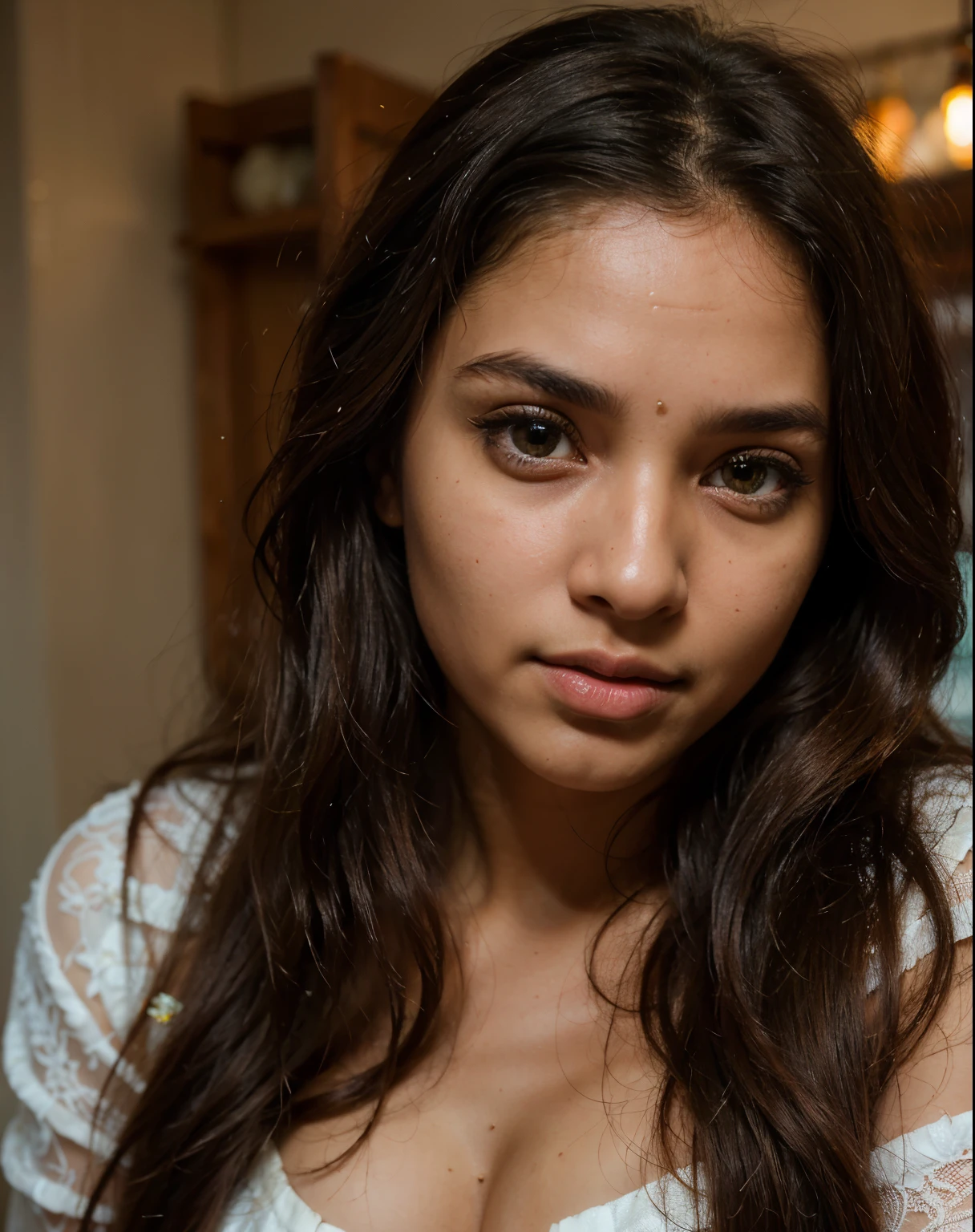 best quality, face focus, soft light, ultra high res, (photorealistic:1.4), RAW photo,
1Indian girl, solo, cute, (pupil, lights in the eyes),  detailed beautiful face, (),(high resolution detail of human skin texture),
(long hair),
indoor,
Damask Shirt Dress,
(portrait)