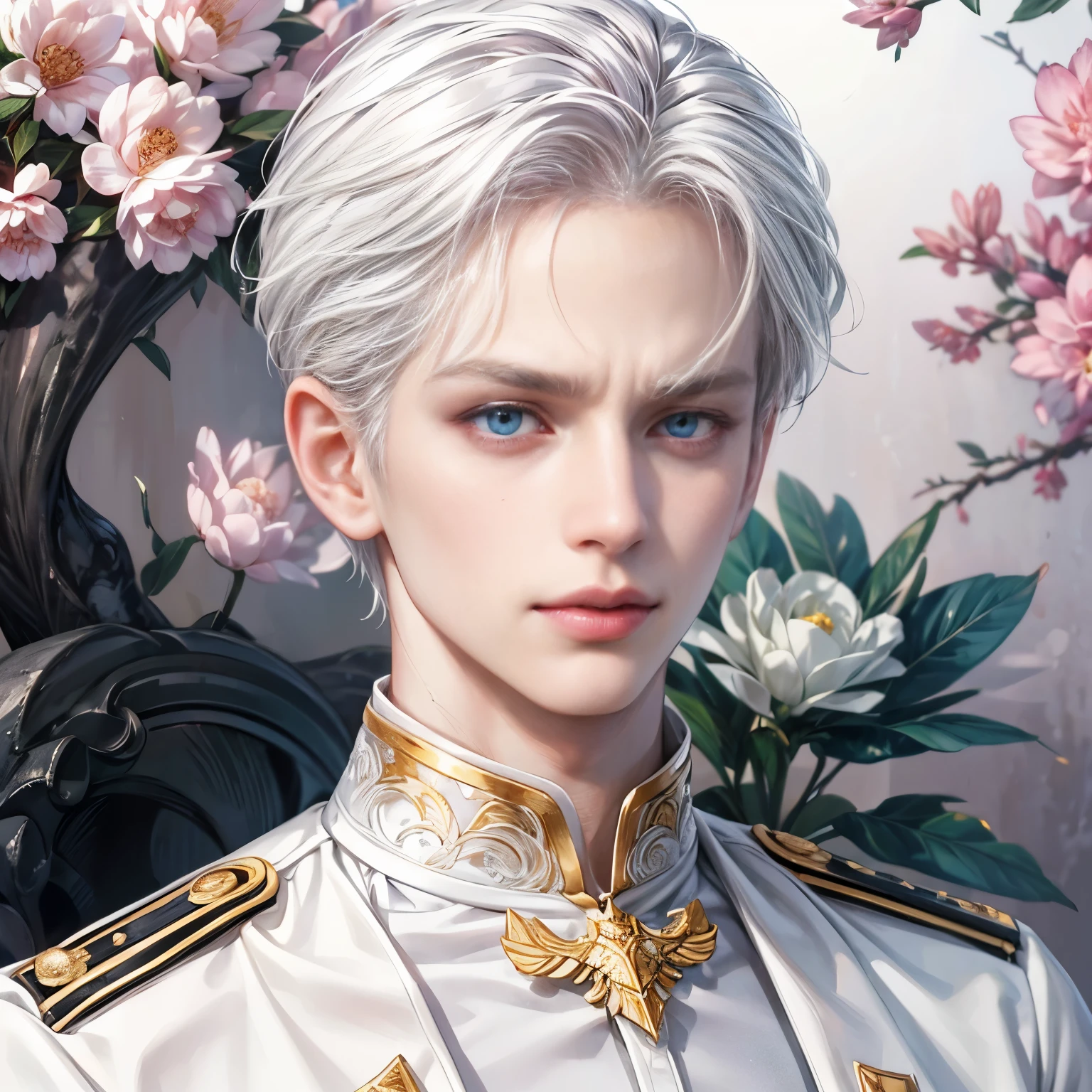Boy, white hair, blue eyes, serious sharp features, white skin, pink lips, uniform