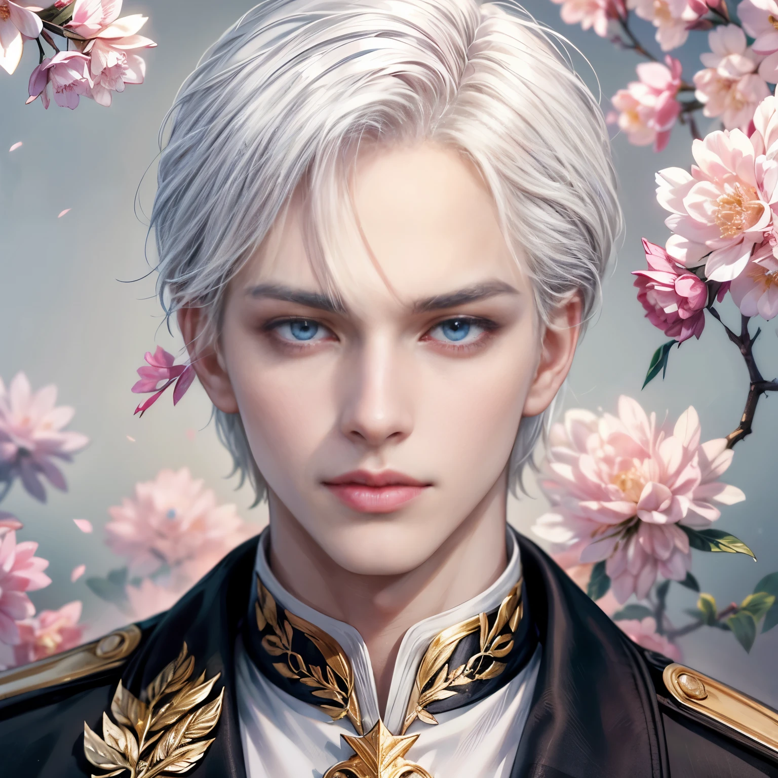 Boy, white hair, blue eyes, serious sharp features, white skin, pink lips, uniform