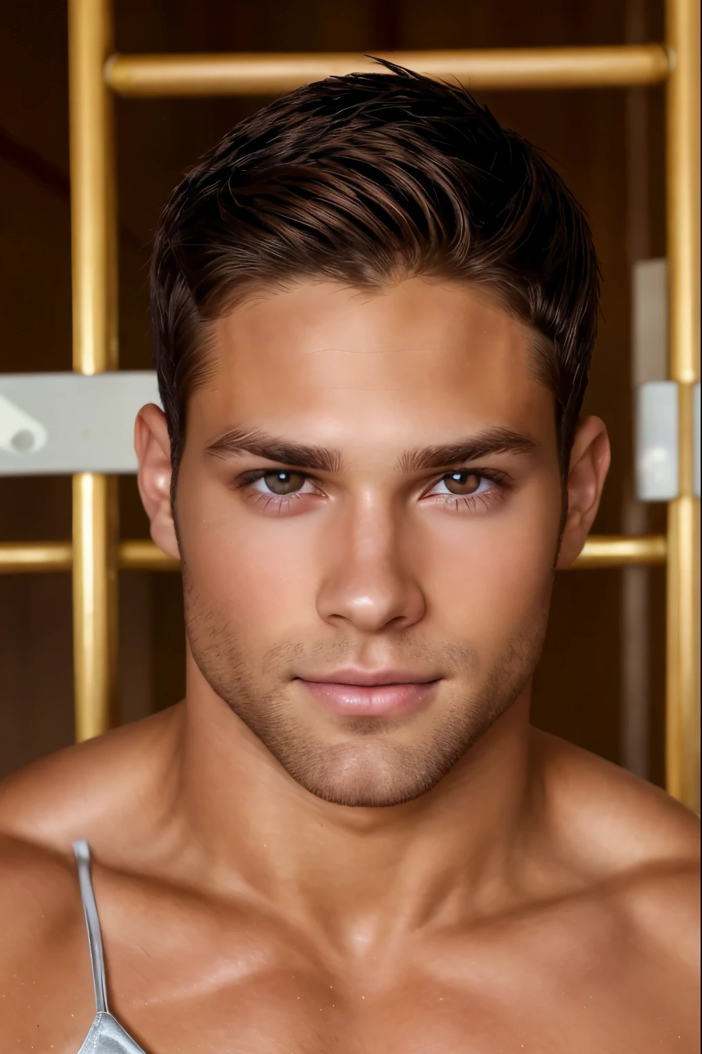 Youthful face with a friendly expression, sparkling eyes, and an intense gaze. Dark brown hair with warm highlights. Clear and smooth skin, displaying a healthy tone. Athletic and well-proportioned body type, exuding strength and agility at 26 years old, face Jesse Metcalfe.