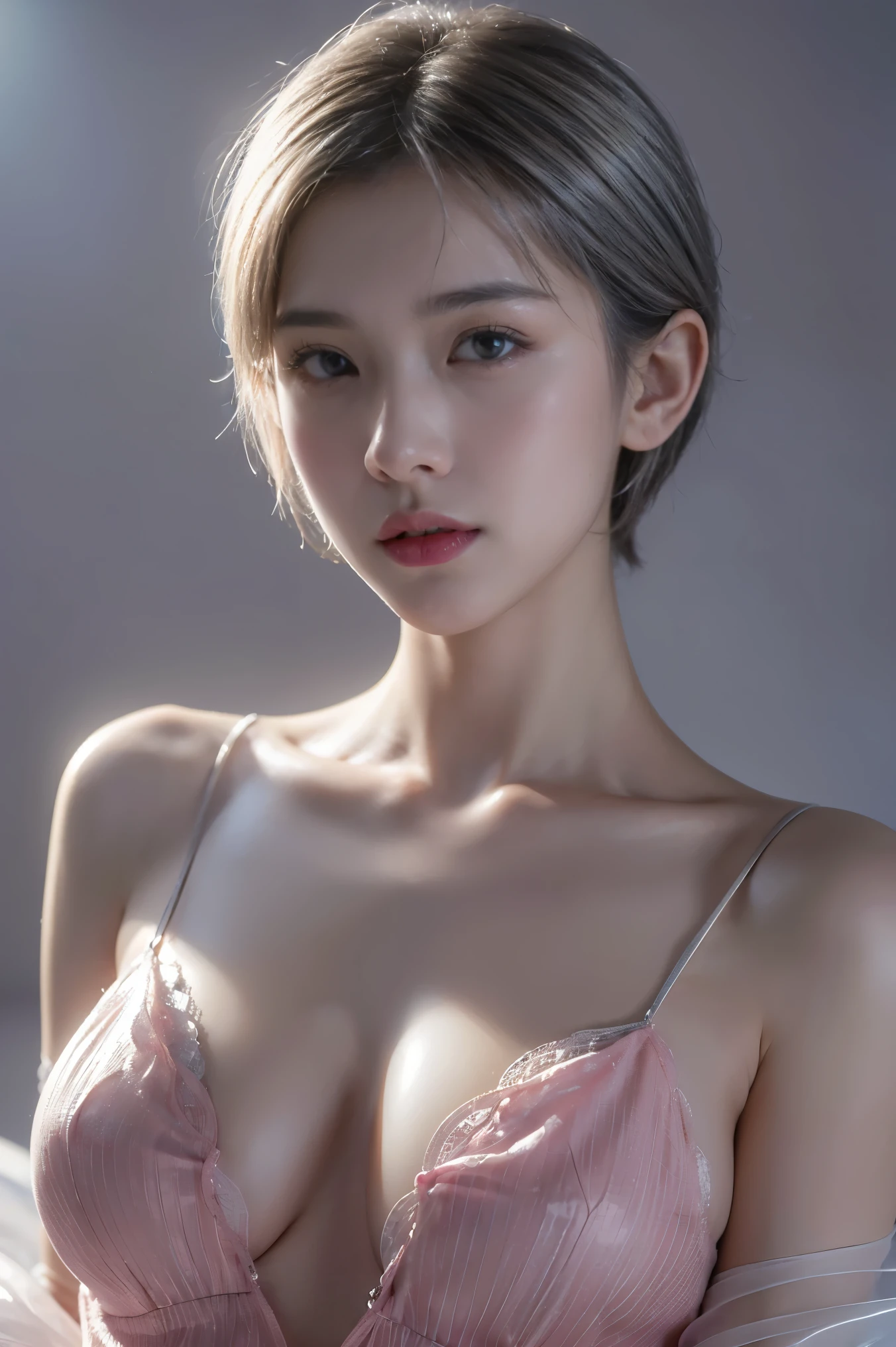 (8K, Photorealistic, Raw photo, of the highest quality: 1.3), (1girl in), Super beautiful, (Realistic face), (boyish, Silver Color Berry Shorthair), Beautiful , Glare that captivates the viewer, Beautiful expression, Beautiful breasts, (Realistic skin), Beautiful, without cloths, pink nipples