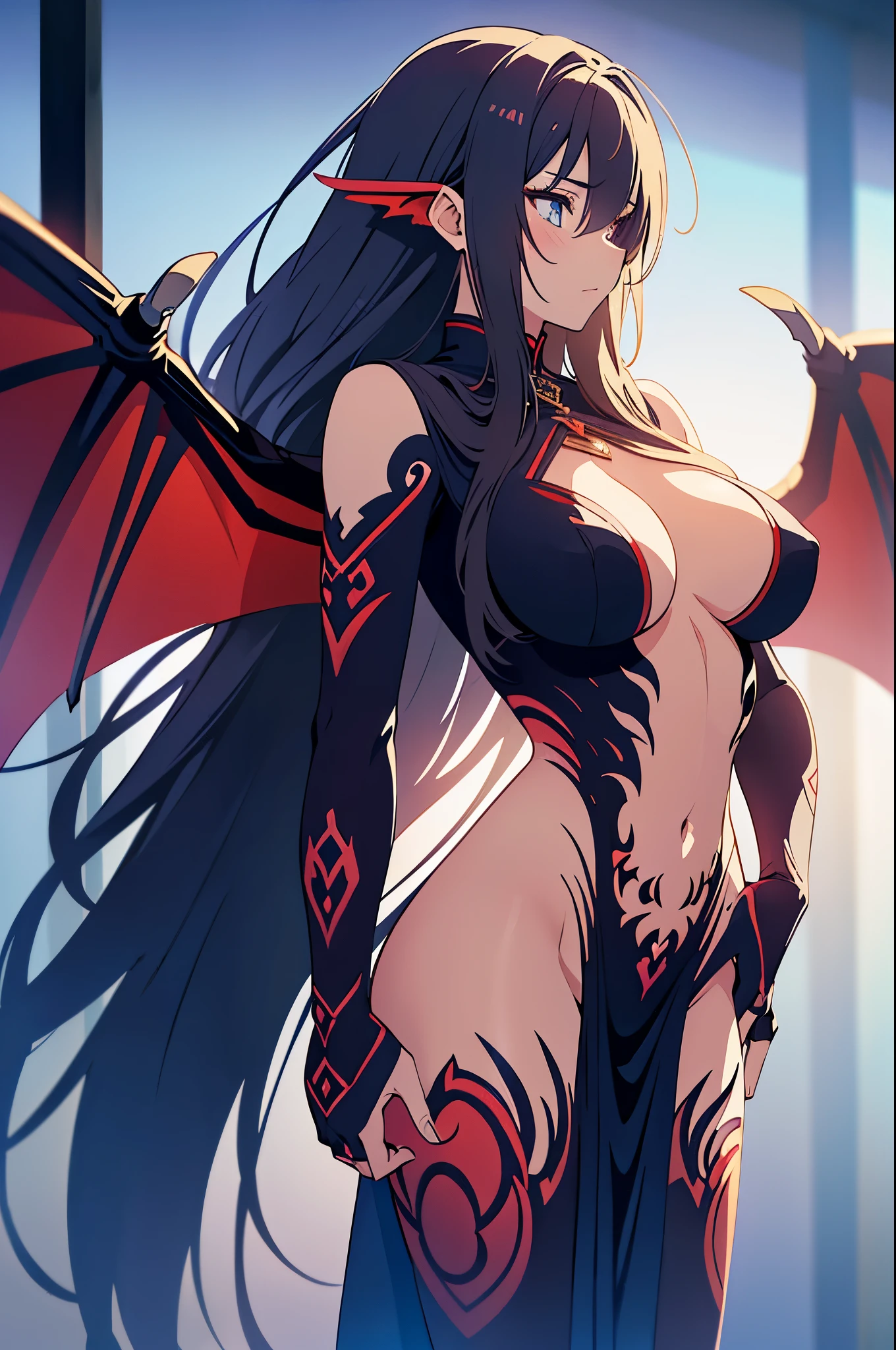 a y woman with dragon wings, fog, soft light, (best quality), (masterpiece), slim, anime, tall, (body painting), (front view)