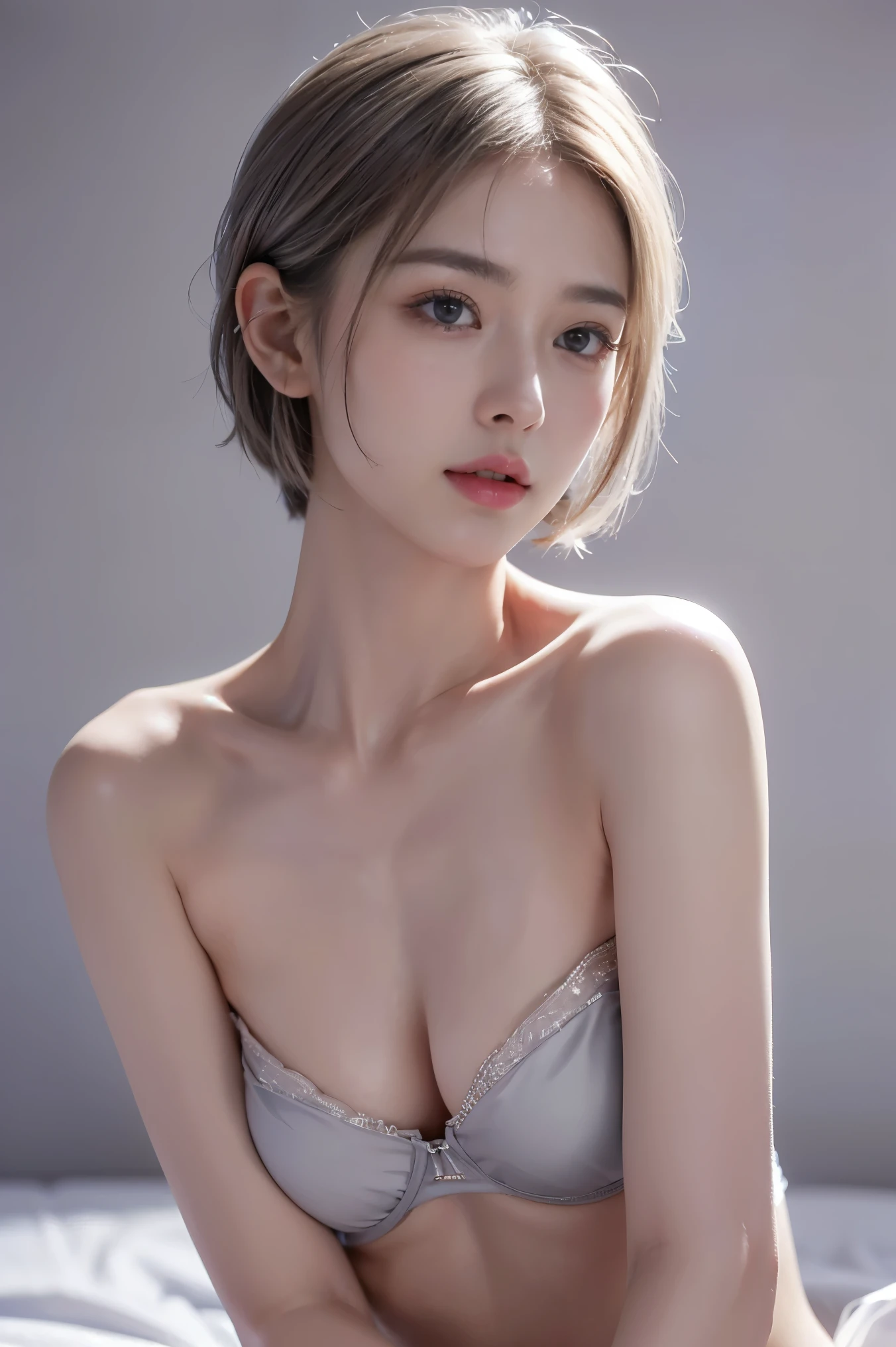(8K, Photorealistic, Raw photo, of the highest quality: 1.3), (1girl in), Super beautiful, (Realistic face), (boyish, Silver Color Berry Shorthair), Beautiful , Glare that captivates the viewer, Beautiful expression, Beautiful breasts, (Realistic skin), Beautiful, without cloths, pink nipples