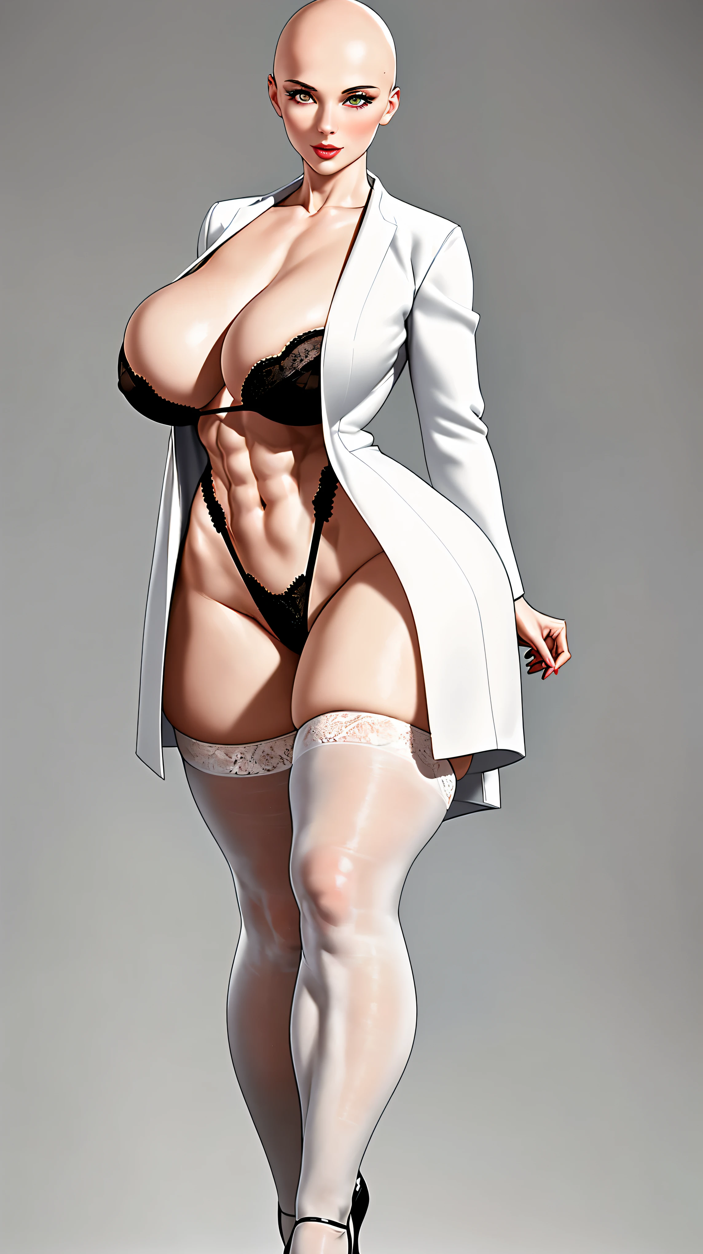 (Obra maestra, Mejor calidad, realista, ultra detallado:1), UNA MUJER RUSA COMPLETAMENTE CALVA, SIN PELO EN NINGUNA PARTE DEL CUERPO, Extremadamente bello, cara perfecta, VESTIDO CON UNA BATA DE LABORATORIO BLANCA, AND BELOW WHITE EROTIC LINGERIE WITH LONG TRANSPARENT SOCKS, cuerpo de venus, focus on the girl, pechos naturales EXTRA grandes perfectos, caderas con curvas perfectas, perfecto gran trasero natural), woman dressed in black erotic lingerie and long stockings, Piel brillante, Cuerpo perfecto, cara perfecta, HERMOSA MUJER SEXY venusbody, cintura estrecha, Alto, athletic and strong., enormes pechos naturales, enorme trasero natural, cuerpo venusbody natural sexy perfecto, marked muscles, belleza inalcanzable, cintura estrecha, caderas perfectas, Abdominales marcados, curvas perfectas, muslos grandes, pechos perfectos, en un laboratorio