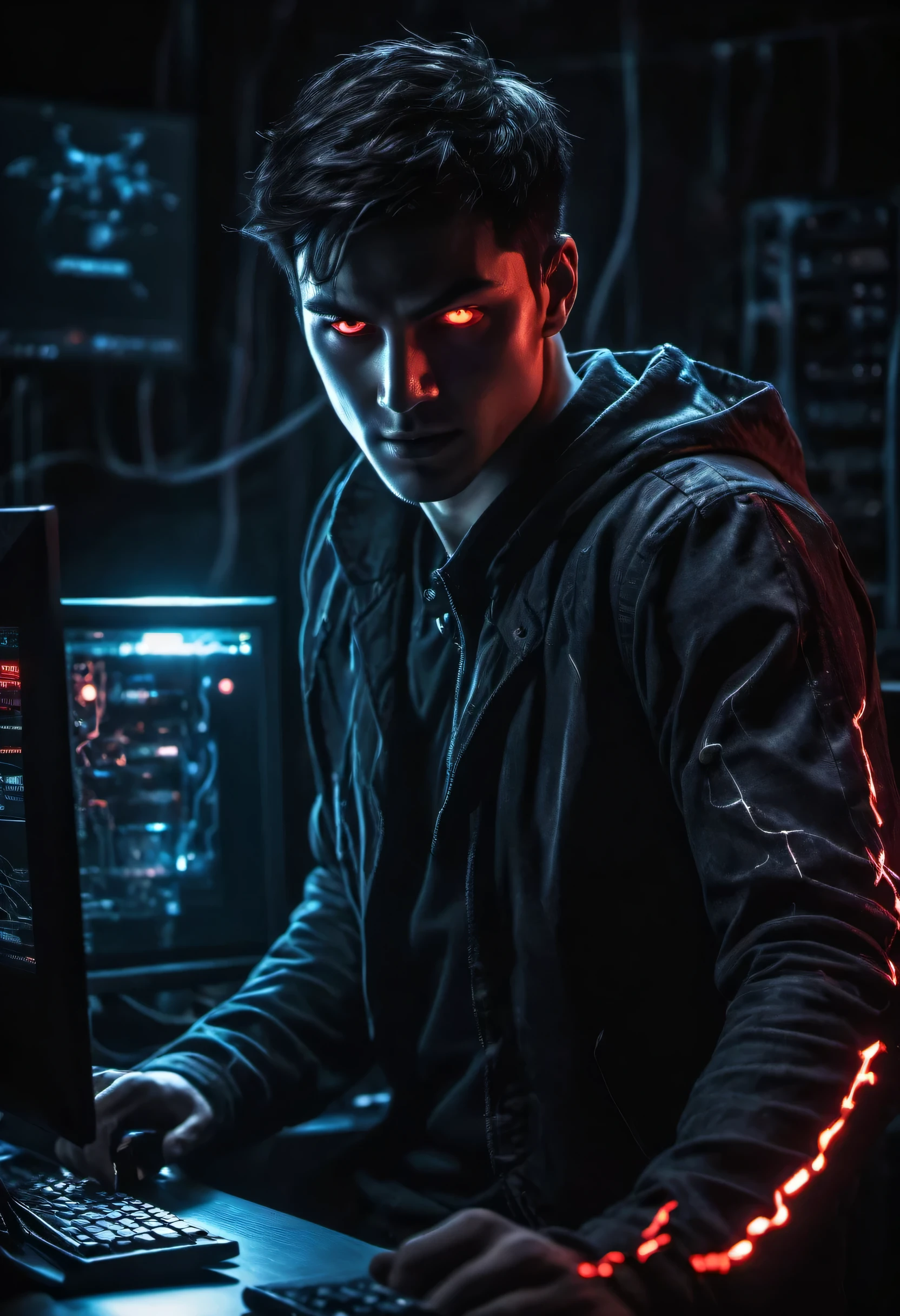 anime man with a dark and brooding demeanor, with glowing red eyes and a malicious grin, hacking into a powerful computer system with visible electric currents flowing through his body, while ominous shadows surround him, (sinister:1.2), (dark and moody lighting), (ominous atmosphere), (contrast between light and darkness)