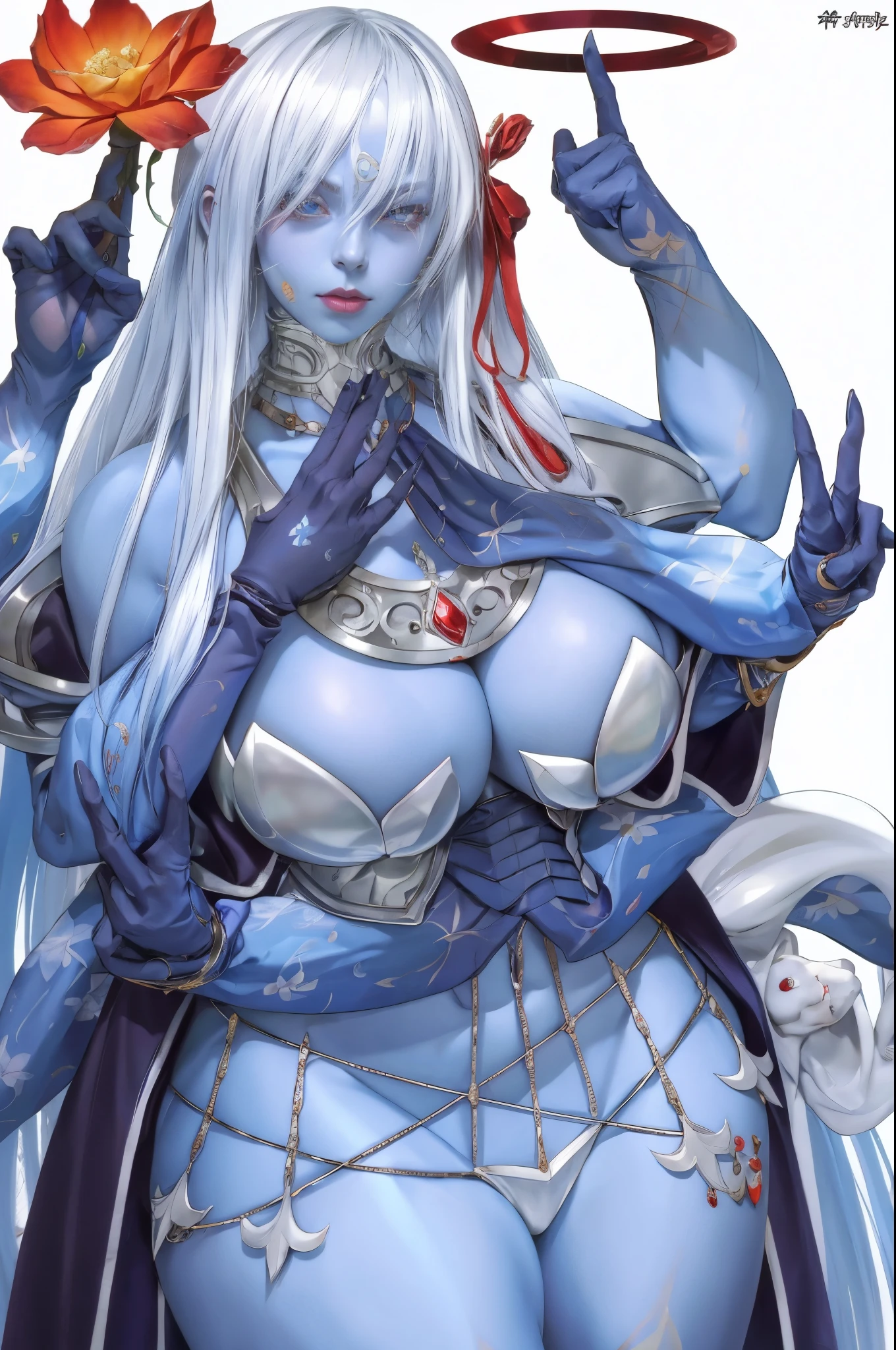 anime character with a white hair and blue skin and a red rose, drow, goddess. extremely high detail, perfect drow, commission for high res, blue scales covering her chest, highly detailed exquisite fanart, extremely detailed goddess shot, immense detail, biomechanical oppai, fine details. anime. tentacles, evil godess, detailed fanart, anime monster girl