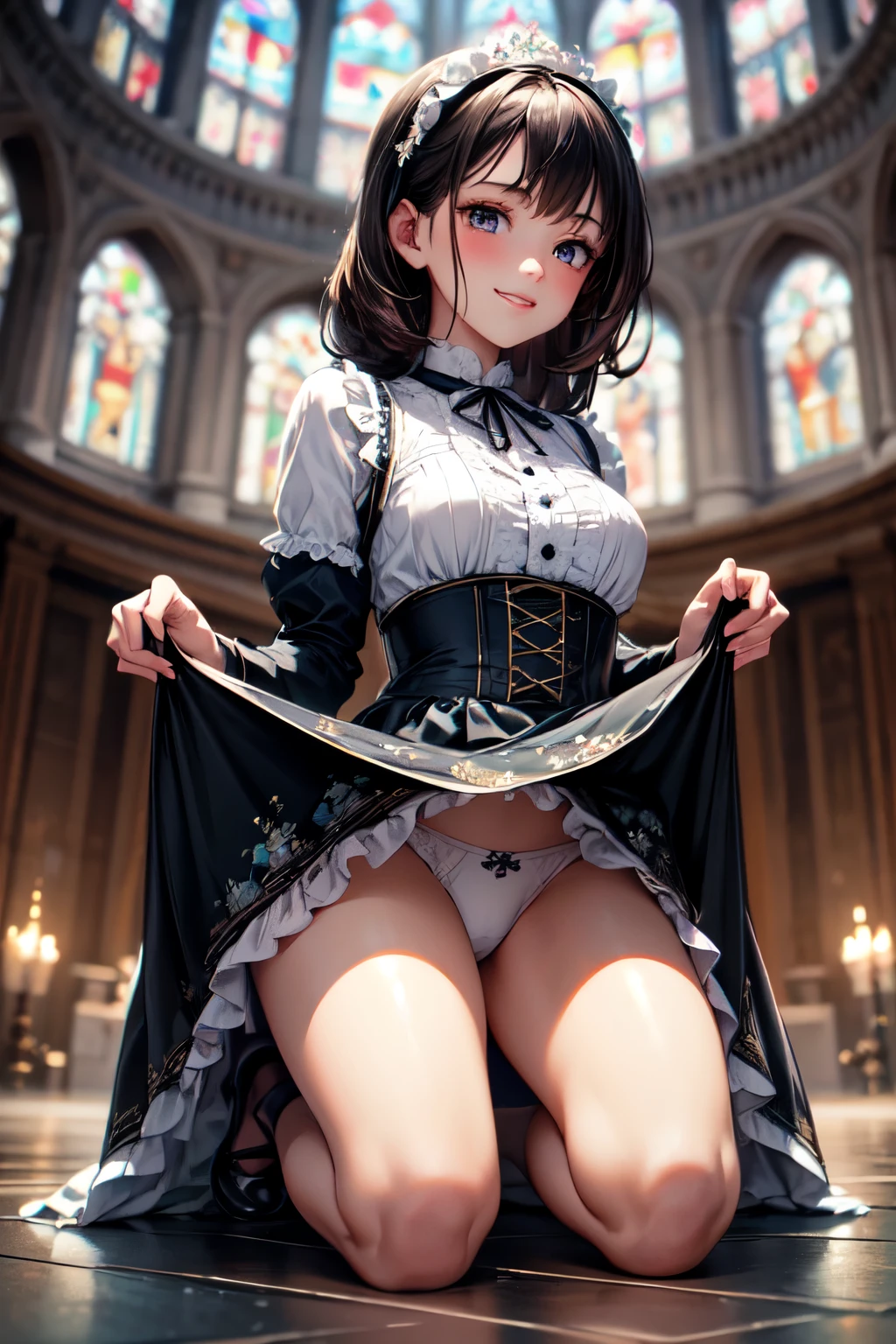 very cute and beautiful girl,(highly detailed beautiful face), (smile),blush,black hair,cowboy shot,looking at viewer,kneeling, (floral pattern blue ta dress with detailed frills),detailed lace,(skirt lift,white panties), altar,church,indoors, (best quality,masterpiece:1.2),absurdres,highres,ultra-detailed,extremely detailed,32k,8k resolution, intricate details,cinematic scene,detailed background,solo,dynamic angle,