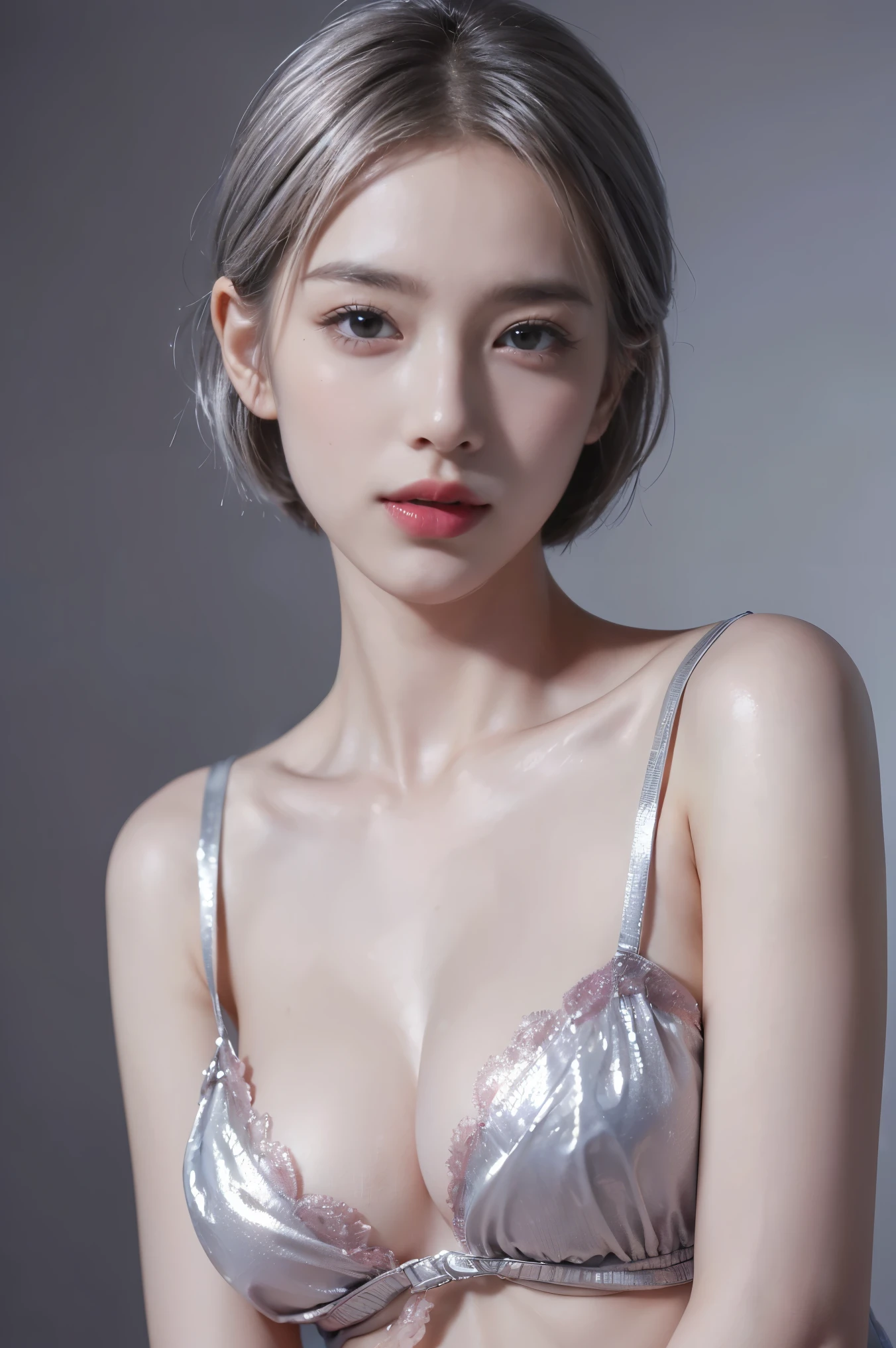 (8K, Photorealistic, Raw photo, of the highest quality: 1.3), (1girl in), Super beautiful, (Realistic face), (boyish, Silver Color Berry Shorthair), Beautiful , Glare that captivates the viewer, Beautiful expression, Beautiful breasts, (Realistic skin), Beautiful, without cloths, pink nipples