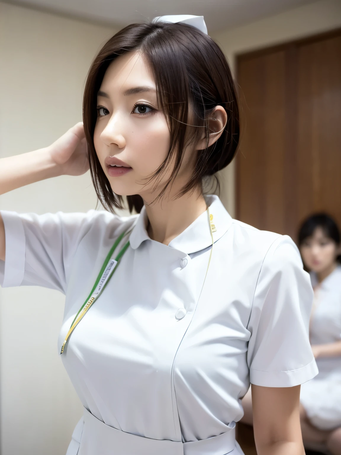 1 girl,(Wearing white nurse clothes:1.2),(RAW photo, highest quality), (realistic, photo-realistic:1.4), masterpiece, very delicate and beautiful, very detailed, 2k wallpaper, wonderful, finely, very detailed CG unity 8k wallpaper, Super detailed, High resolution, soft light, beautiful detailed girl, very detailed eyes and face, beautifully detailed nose, finely beautiful eyes, nurse, perfect anatomy, black hair, up style, nurse uniform, ((nurse cap)), long skirt, nurse, white costume, thin, hospital, clear, white uniform, hospital room, auscultation of the neck,