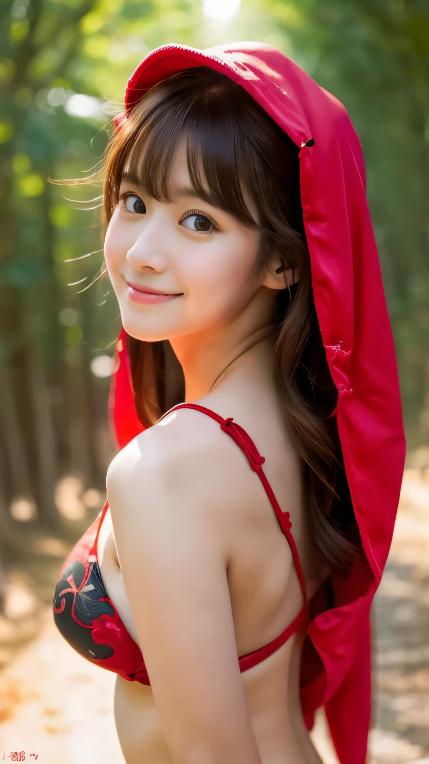 (8k、RAW photo、highest quality、masterpiece:1.5)、(realistic、Photoreal:1.5)、super detailed、超A high resolution、cinematic lighting、(((Beauty in red)))、(((26 year old cute girl from Japan)))、(((Wearing a sexy bikini with a Little Red Riding Hood motif)))、、cute smile、dynamic angle、dynamic lighting、big breasts、cleavage、in the deep forest、full body shot、brown hair、have a small basket、Wearing a red hood、Nogizaka46、idol face、big breasts、Fair skin、butt facing the viewer