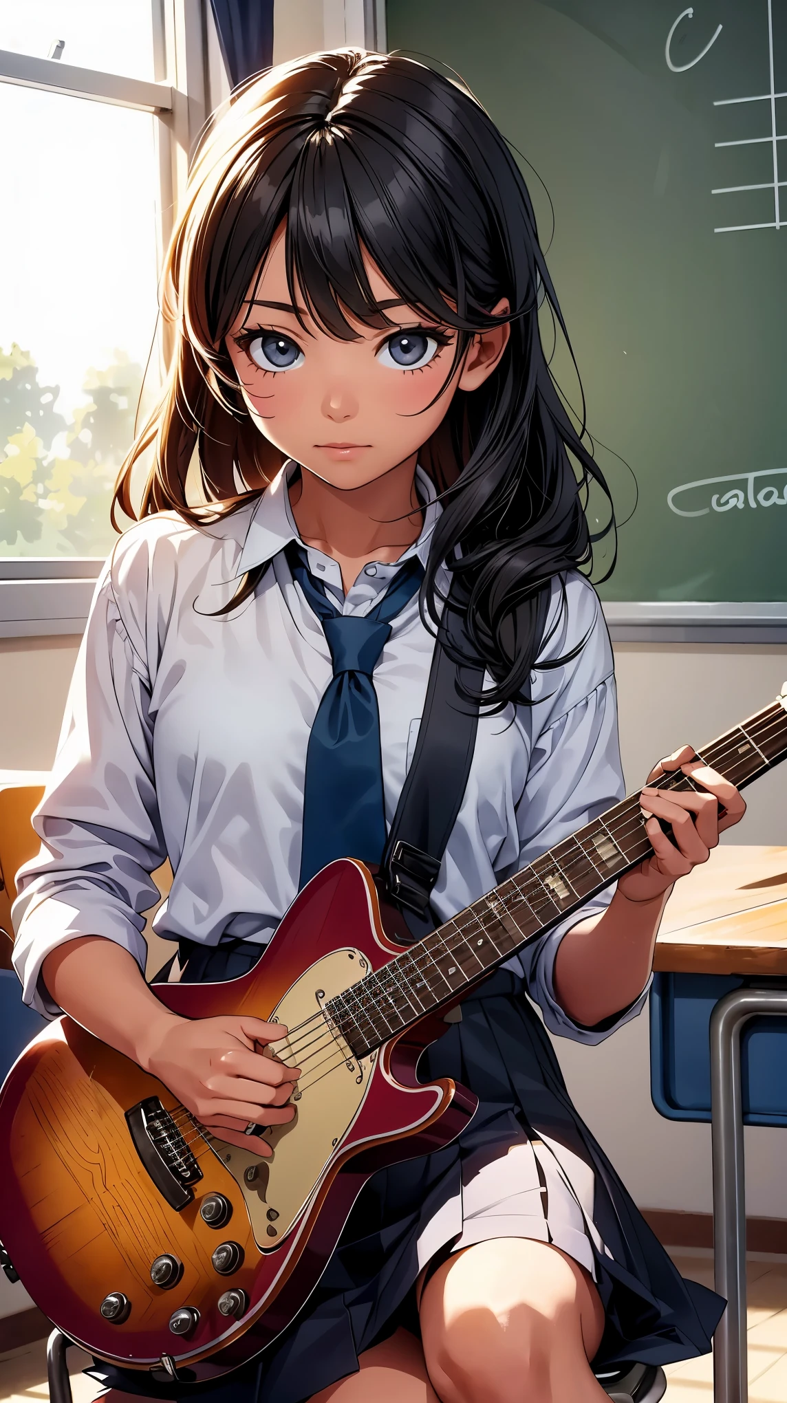 A girl sitting in a classroom, playing the guitar passionately, wearing a school uniform. The girl is surrounded by musical notes, indicating her dedication to practicing. The classroom is filled with the sound of her beautiful melodies. The girl's fingers are skillfully moving across the strings, creating a mesmerizing rhythm. The vibrant colors of the scene enhance the energetic atmosphere. The lighting in the classroom is warm and gentle, casting soft shadows on the walls. The girl's expressive eyes reflect her deep passion for music, while her graceful posture showcases her confidence and talent. The overall image quality is of the highest standard, with ultra-detailed rendering and realistic textures. The scene has a youthful and vibrant art style, emphasizing the girl's determination and artistic spirit. The color tones are bright and lively, adding an energetic vibe to the composition. The lighting creates a warm and inviting ambiance, enhancing the overall mood of the scene.