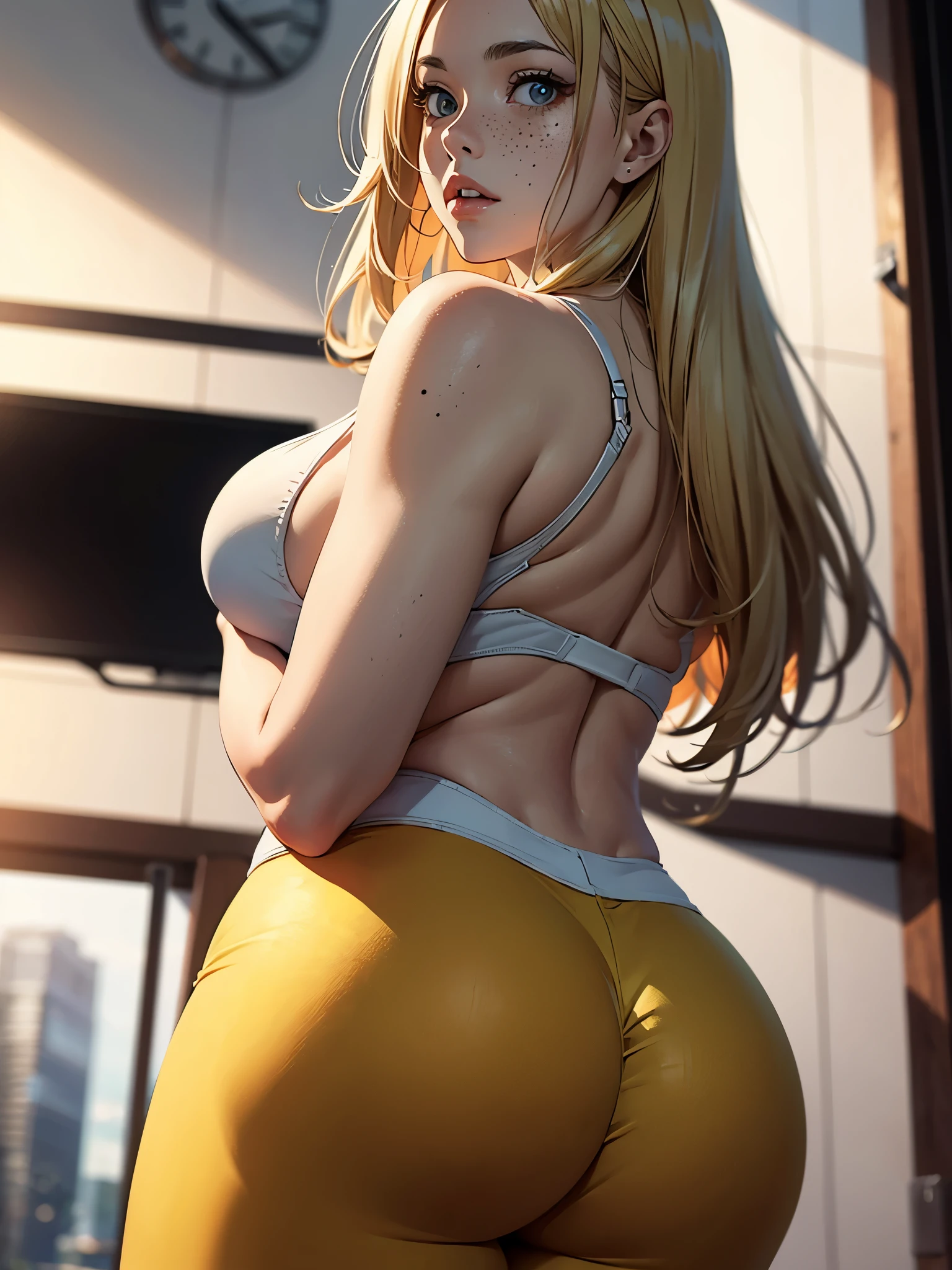 Masterpiece, best quality, 8k, 4k, busty woman in tight pants, blonde hair, freckles, big ass, from behind