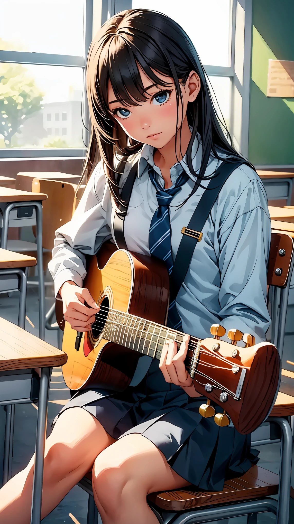 A girl sitting in a classroom, playing the guitar passionately, wearing a school uniform. The girl is surrounded by musical notes, indicating her dedication to practicing. The classroom is filled with the sound of her beautiful melodies. The girl's fingers are skillfully moving across the strings, creating a mesmerizing rhythm. The vibrant colors of the scene enhance the energetic atmosphere. The lighting in the classroom is warm and gentle, casting soft shadows on the walls. The girl's expressive eyes reflect her deep passion for music, while her graceful posture showcases her confidence and talent. The overall image quality is of the highest standard, with ultra-detailed rendering and realistic textures. The scene has a youthful and vibrant art style, emphasizing the girl's determination and artistic spirit. The color tones are bright and lively, adding an energetic vibe to the composition. The lighting creates a warm and inviting ambiance, enhancing the overall mood of the scene.
