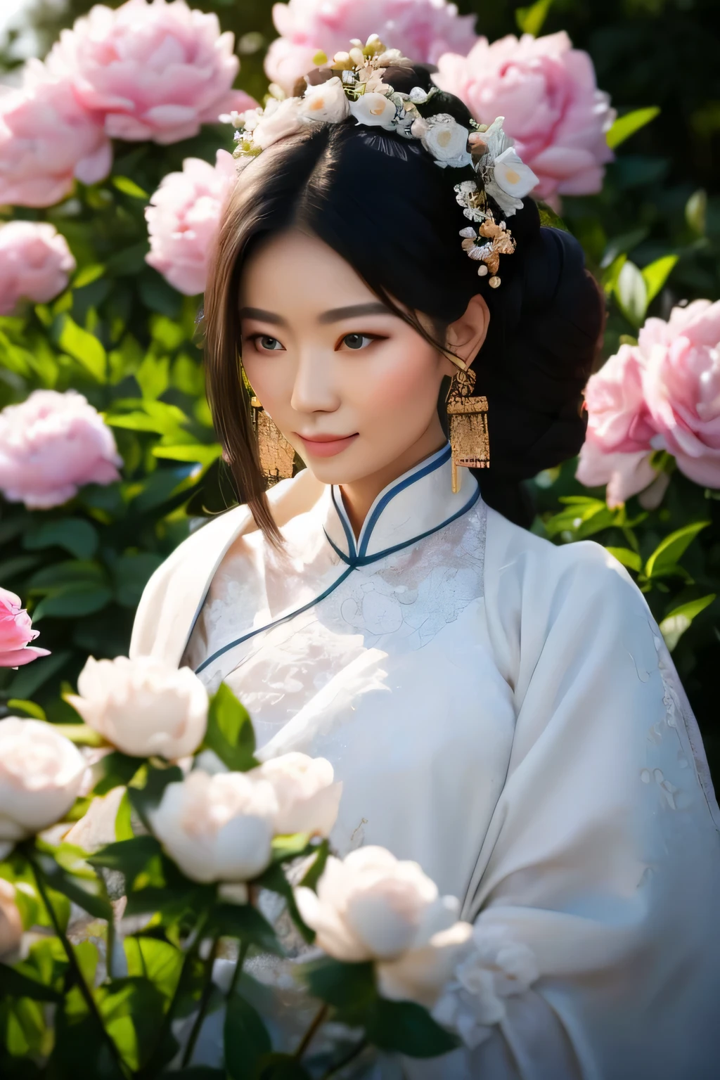 adult woman with black hair, gathered at the back of my head, chinaская красавица, Noble beauty, Elderly woman, china, древний china, Ming dynasty, Woman in white clothes, chinaский костюм, dark eyes, narrow eyes, soft smile, against the background of the garden, chinaский сад, Peonies, белые Peonies, fine wrinkles, Ageing