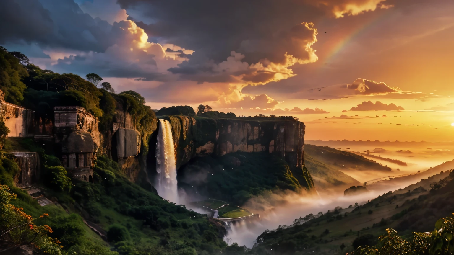 A wide shot of waterfall in India, high waterfall during sunset, orange sky, people watching sunset and clicking photos, rainbow around waterfall, greenery, mountains, foggy, cloudy sky, 8k render, photorealistic, cinematic, mood lighting