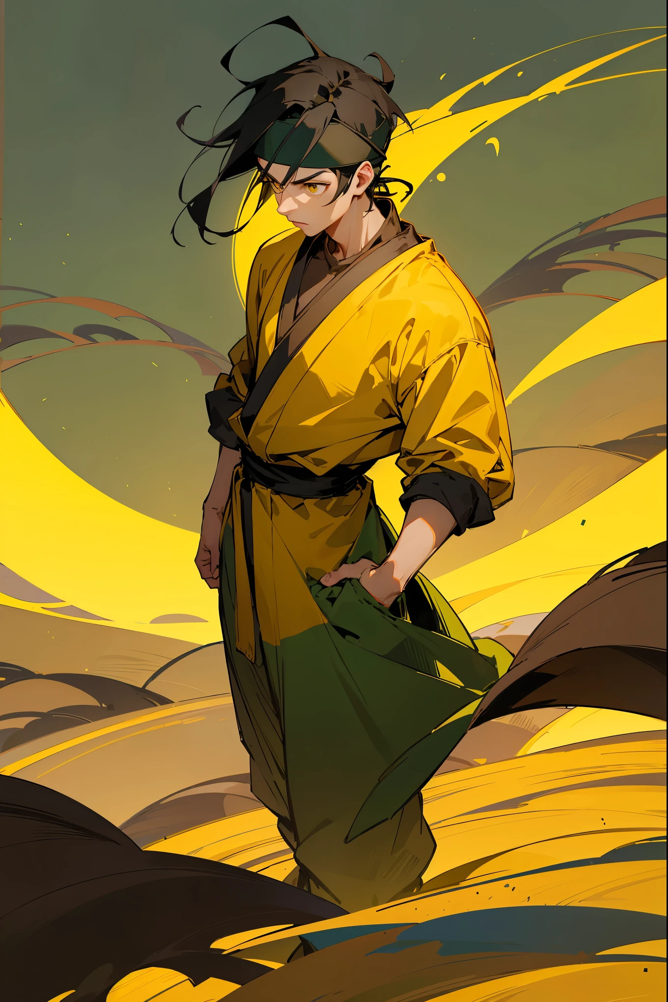 1male, black hair, headband, earthbender, earthbending clothing, green and yellow clothing, golden eyes, serious expression, ((rural earth kingdom background)), detailed background, walking on path, handing behind back