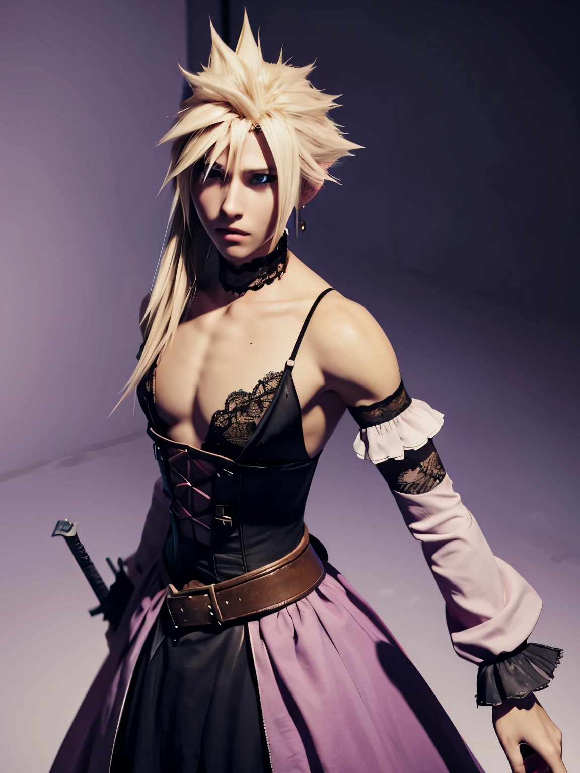 final fantasy vii, cloud strife, 1boy, black bow, black bra, blonde hair, blood, blood on chest, blood on clothes, blood on dress, blood on face, blood on leg, blood on mouth, blue eyes, blush, bow, bra, buster sword, clenched hand, crossdressin, cuts, dangle earrings, dress, earrings, flower, frilled dress, frills, garter straps, holding, holding sword, holding weapon, injury, jewelry, juliet sleeves, lace, lace bra, lace trim, long hair, long sleeves, male focus, pink flower, pink lips, pink rose, pointy hair, puffy sleeves, purple dress, rose, serious, simple background, solo, spiked hair, standing, sweatdrop, sword, thighhighs, tiara, torn clothes, torn dress, underwear, upper body, weapon, white background, wind