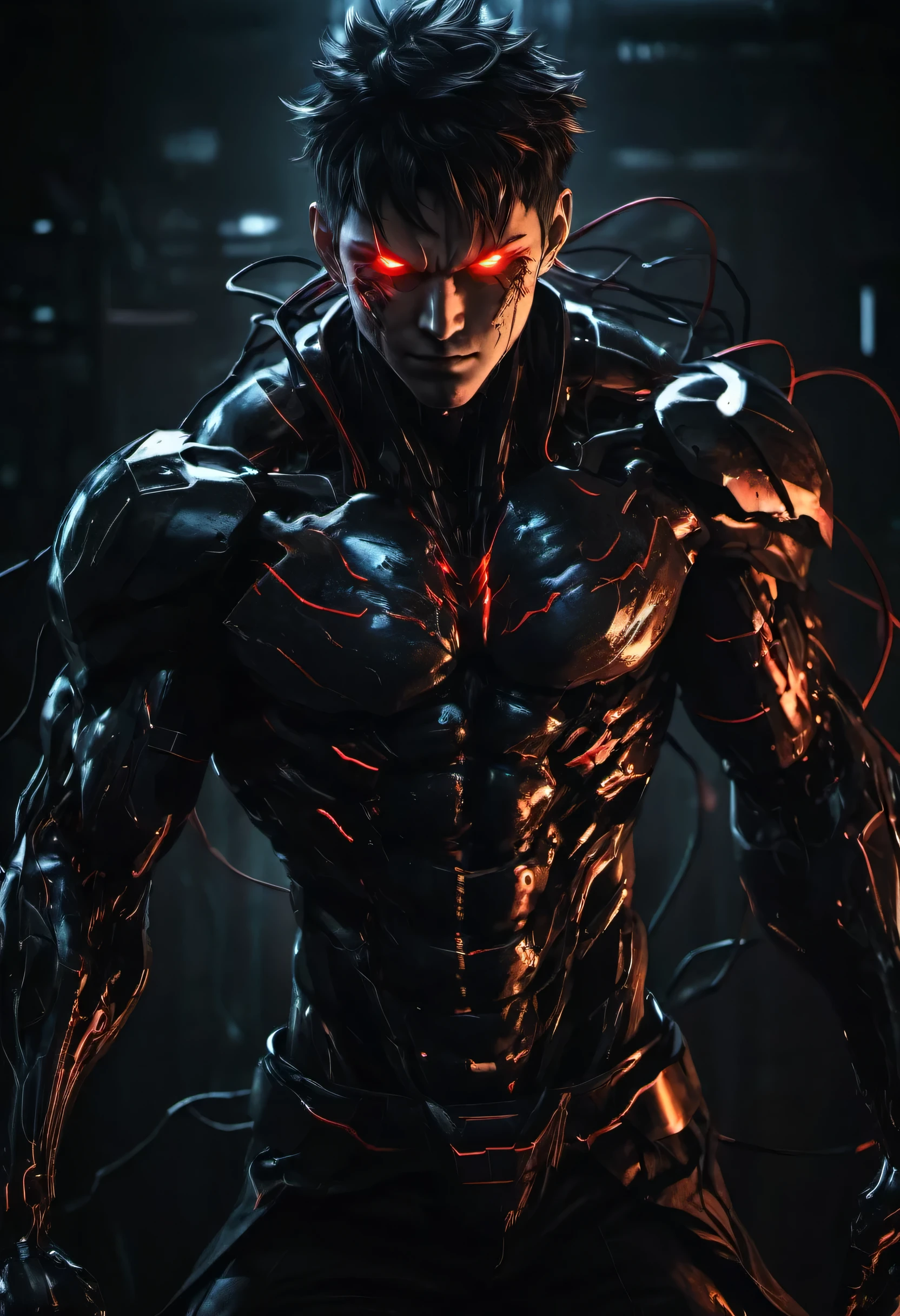full body shot, anime man with a dark and brooding demeanor, with glowing red eyes and a malicious grin, powerful computer system with visible electric currents flowing through his body, while ominous shadows surround him, (sinister:1.2), (dark and moody lighting), (ominous atmosphere), (contrast between light and darkness)