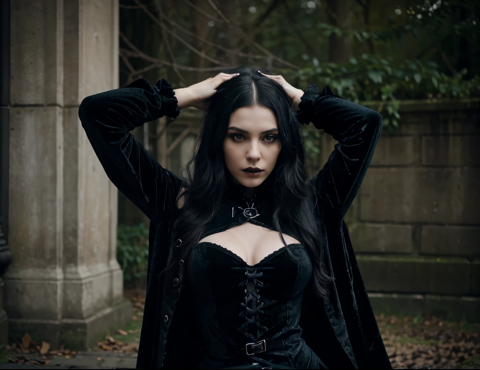 (best quality, highres, ultra-detailed, realistic:1.37), very beautiful woman, (green eyes), (long wavy black and blue hair), (dark makeup), 23 years old, tall and slender, height 170 cm, body measurements 90-60-90, ethereal beauty, intense gaze, confident posture, soft natural lighting, vibrant colors, whimsical atmosphere, alternative dress, goth dress, metal dress, black biker boots, dress in total black ((chast long velvet renaissance dress)), (epic photorealistic), arafed woman in black, a picture inspired by Kati Horna, tumblr, gothic art, gothic!!, goth style, gothic outfit, goth girl, goth vibe, gothic style, gothic, gothic horror vibes, gothic wearing, goth chic, gothic fashion, goth aesthetic, gothic girl, gothic aesthetic, dark and gothic, cemetary pere lachaise, laying on a grave 