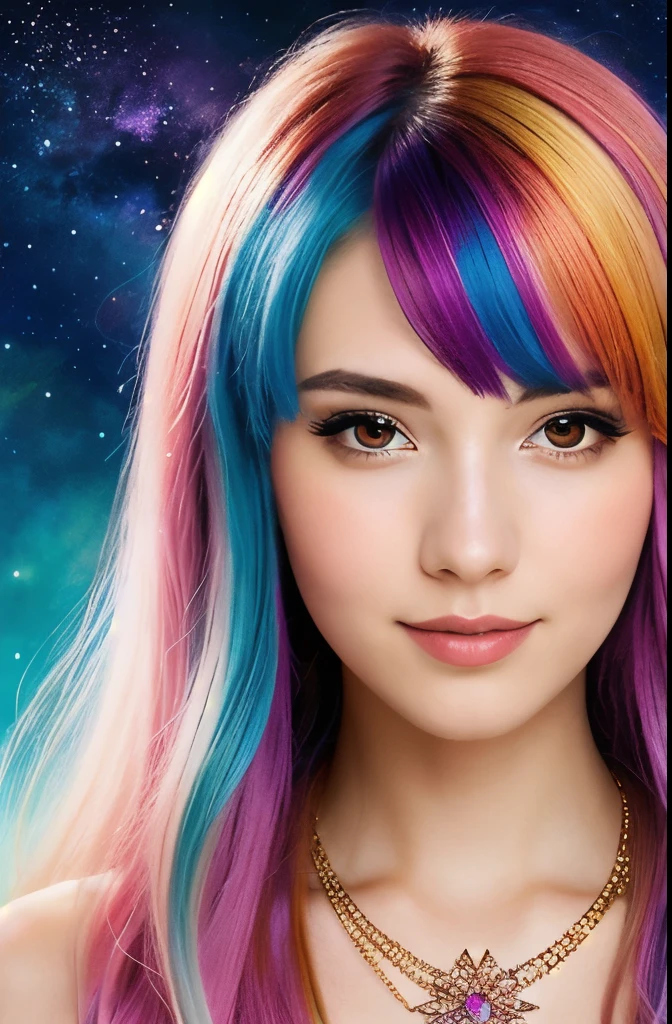Close-up of a woman with colorful hair and necklace, anime girl with space hair, The gentle life force of Rossdraus, Works in the style of Gouves, fantasy art style, colorful], bright fantasy style, Ross draws a cartoon full of vitality, cosmic and colorful, Gouvez, colorful digital fantasy art, amazing art style, beautiful anime style, full body lighting, skin brightening, sexy facial expression