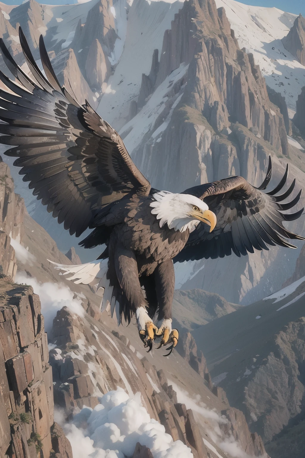 A picture of a proud majestic American Bald Eagle in flight over the top of a mountain. A bold, proud American flag flys in the background. dynamic lighting, bold lines