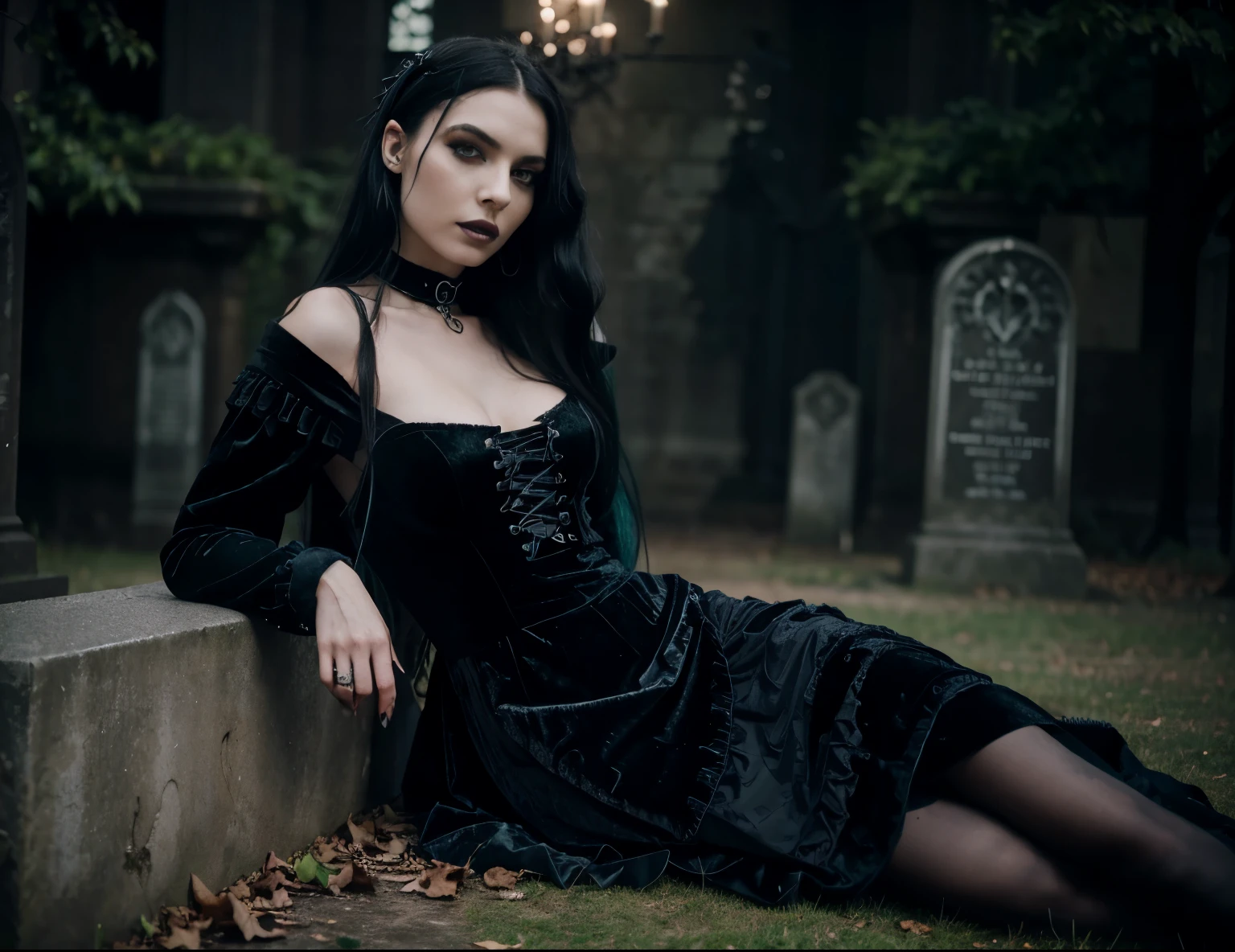 (best quality, highres, ultra-detailed, realistic:1.37), very beautiful woman, (green eyes), (long wavy black and blue hair), (dark makeup), 23 years old, tall and slender, height 170 cm, body measurements 90-60-90, ethereal beauty, intense gaze, confident posture, soft natural lighting, vibrant colors, whimsical atmosphere, alternative dress, goth dress, metal dress, black biker boots, dress in total black ((chast long velvet renaissance dress)), (epic photorealistic), arafed woman in black, a picture inspired by Kati Horna, tumblr, gothic art, gothic!!, goth style, gothic outfit, goth girl, goth vibe, gothic style, gothic, gothic horror vibes, gothic wearing, goth chic, gothic fashion, goth aesthetic, gothic girl, gothic aesthetic, dark and gothic, cemetary pere lachaise, laying on a grave 