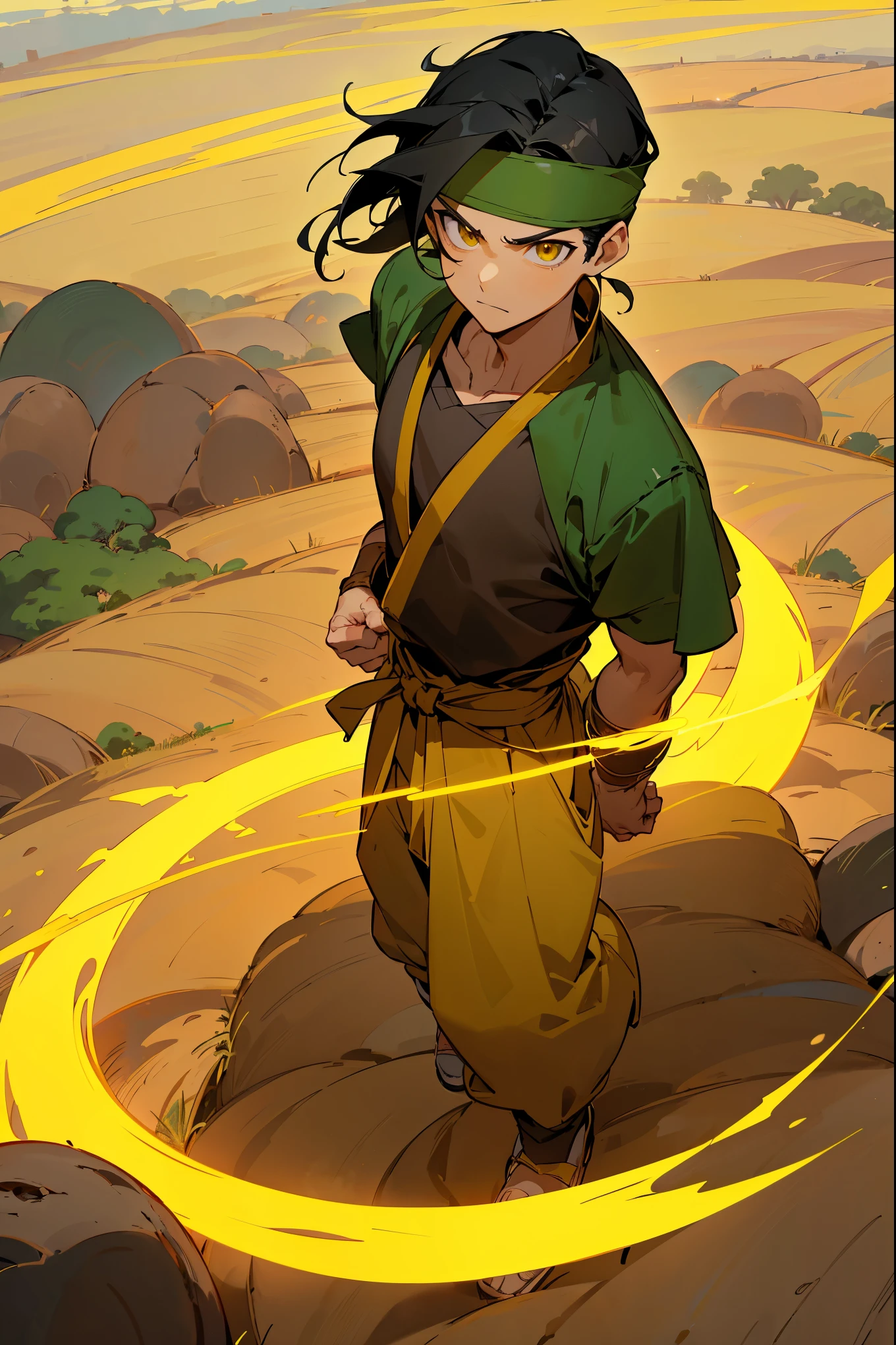 1male, black hair, headband, earthbender, earthbending clothing, green and yellow clothing, golden eyes, serious expression, ((rural earth kingdom background)), rural background, earthy background, detailed background, walking on path, handing behind back
